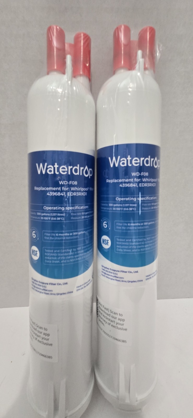 Sealed Waterdrop WD-F08 Refrigerator Water Filter For Whirlpool – 2 pk