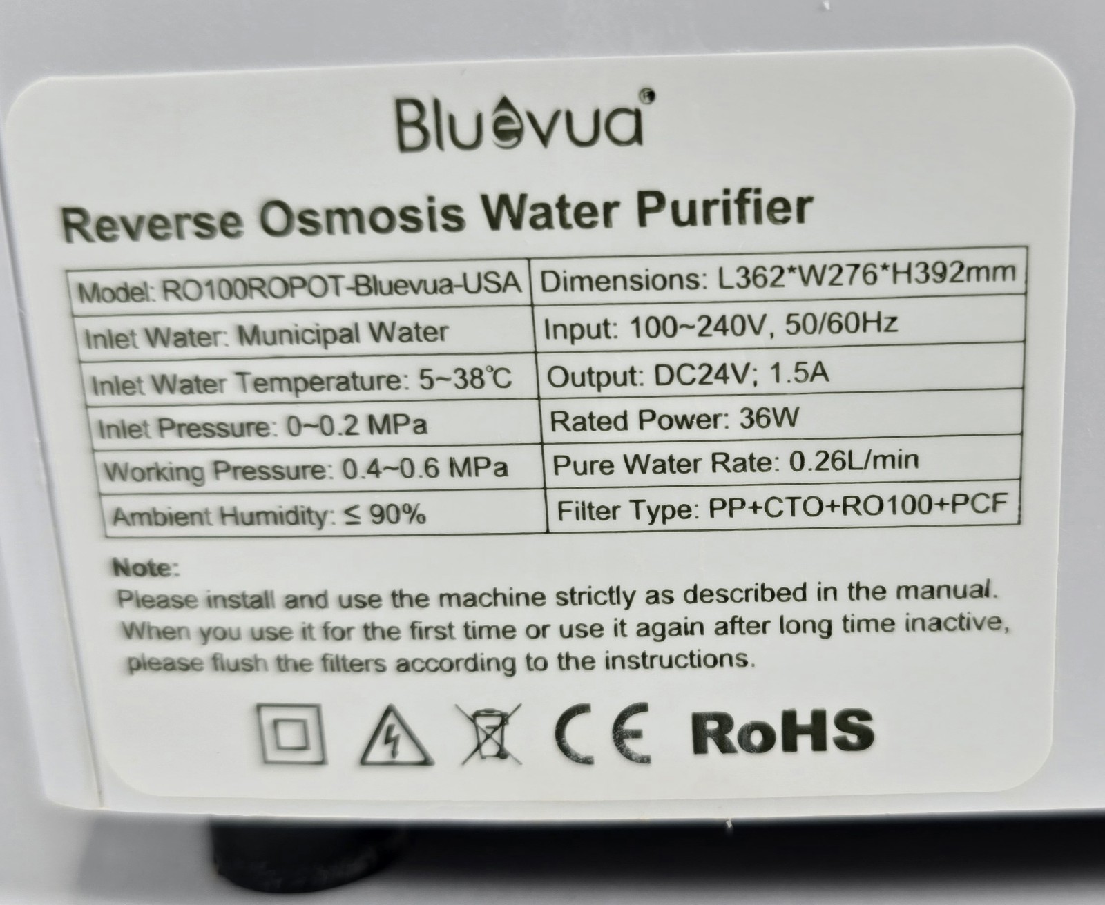 Bluevua RO100ROPOT-Countertop RO Water Filter Purification*ONLY MAIN UNIT*