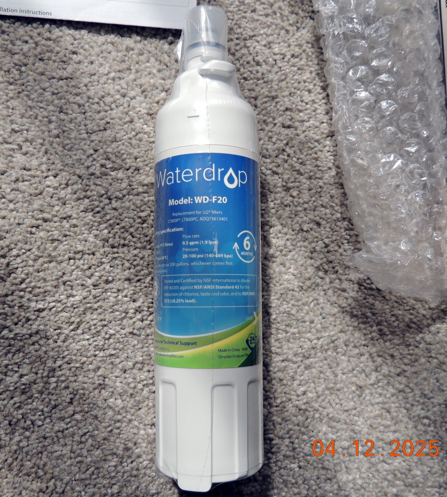 WaterDrop WD-F20 LG Refrigerator Water Filter for LT800P LT800PC ADQ73613401 New