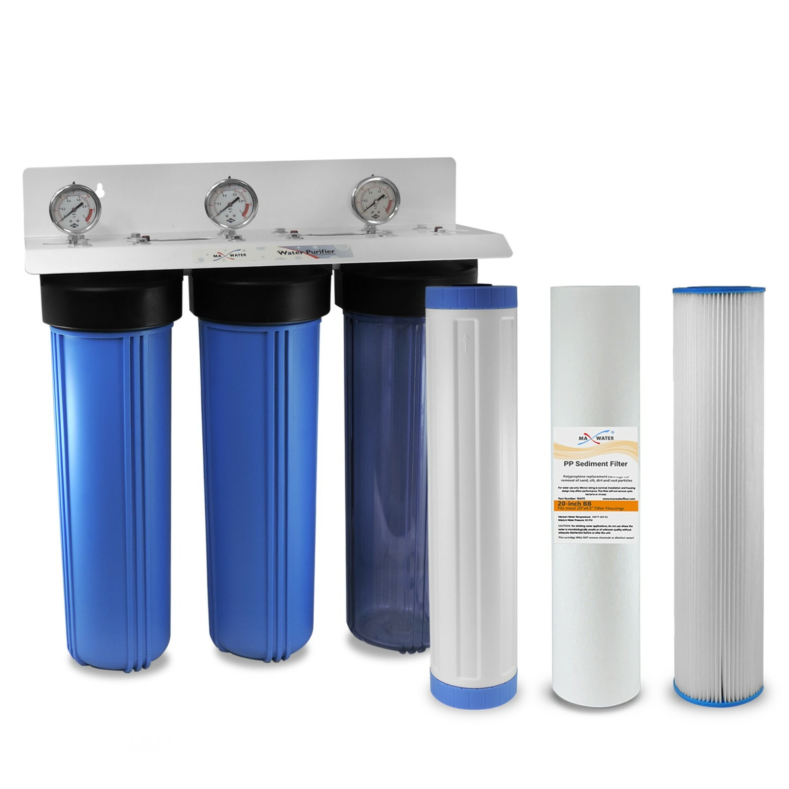 Max Water 3 Stage 20″ Big Blue 1″ Port Whole House Water Filter + Pressure Gauge