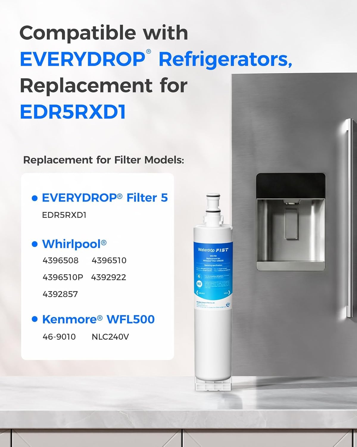Waterdrop 4396508 Replacement for 4396508 nlc240v 4396510 Water Filter, 4 packs