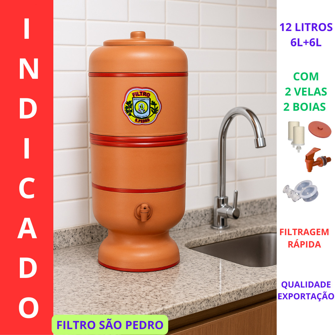 Filtro de barro 12 Litros (6+6) Completo com duas Velas Tripla Ação- São Pedro