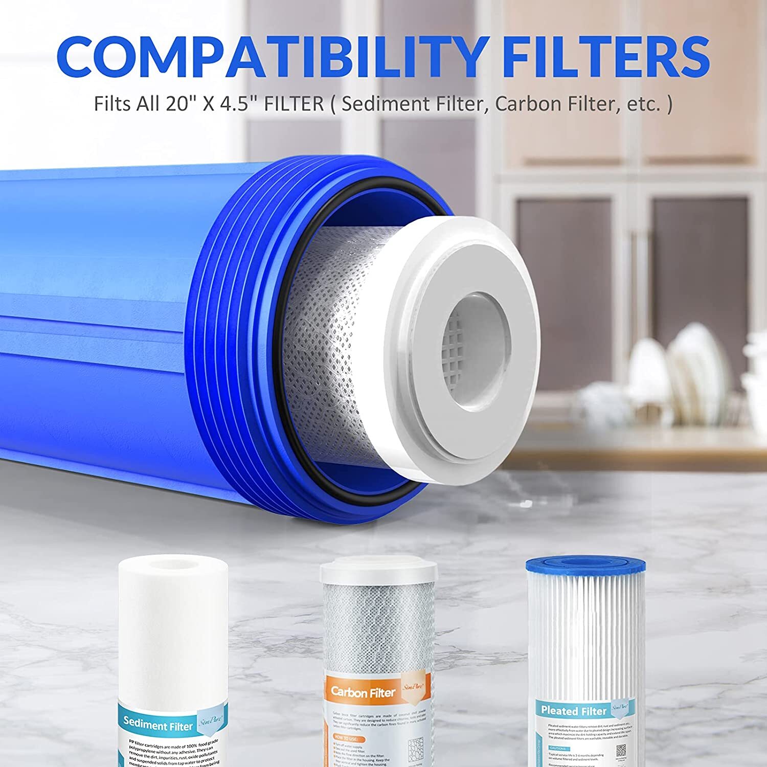 SimPure 20″x4.5″/10″ x 4.5″/ 10″ x 2.5″ Big Blue Whole House Water Filter System