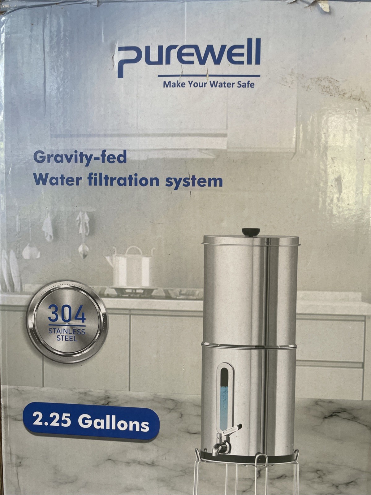 Stainless Steel PUREWELL Gravity-Fed Water Filter System – 2.25 Gallon. 304 Sta
