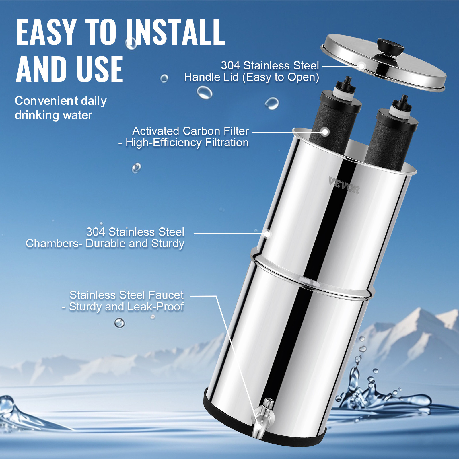 2.25G Gravity-fed Water Filter Countertop System Stainless Steel 2 Filters