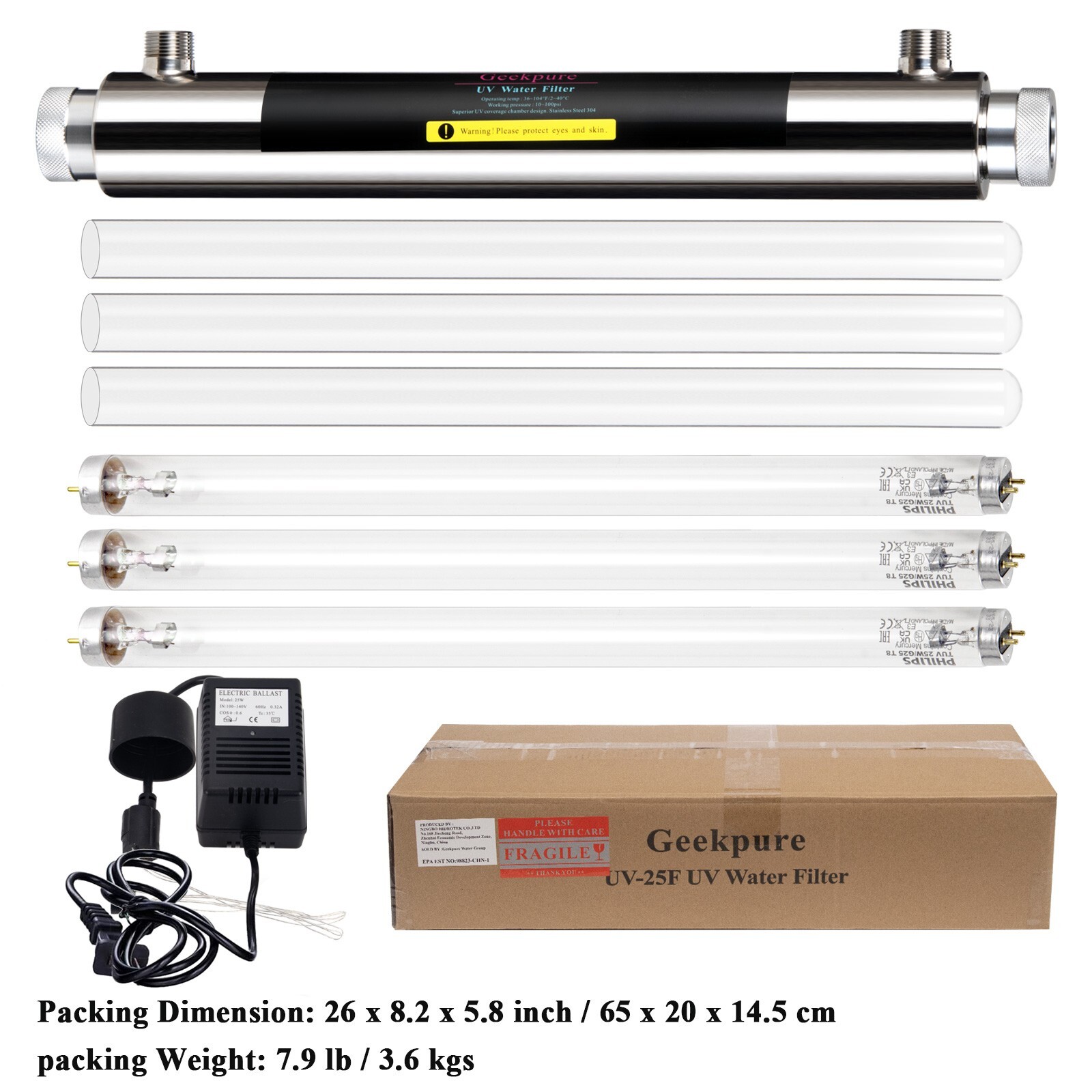 Geekpure Whole House UV 25W Water Filter System-3 UV Filter + 3 Quartz Sleeve