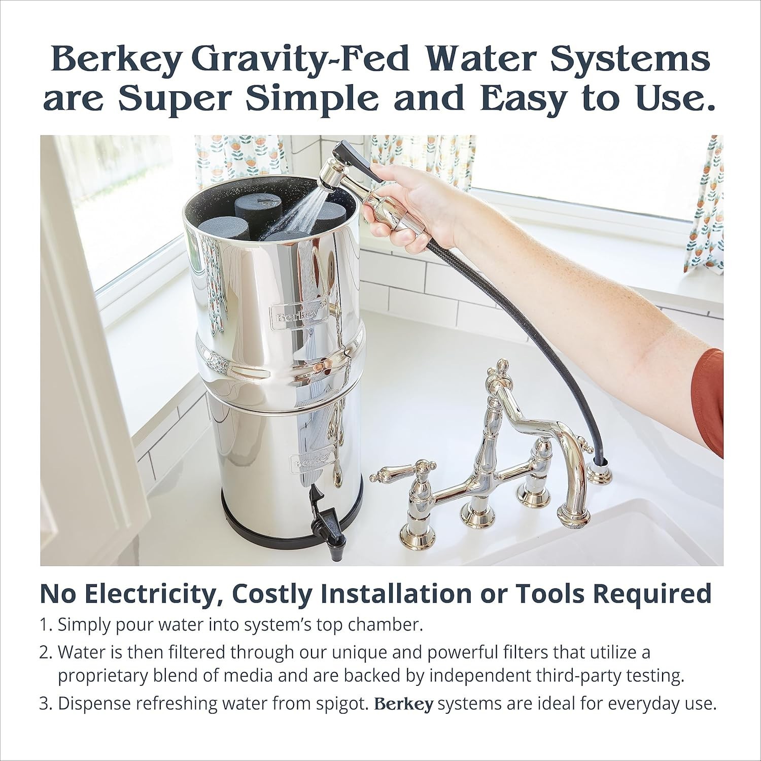 Big Gravity-Fed Stainless Steel Countertop Water Filter System 2.25 Gallon wi…