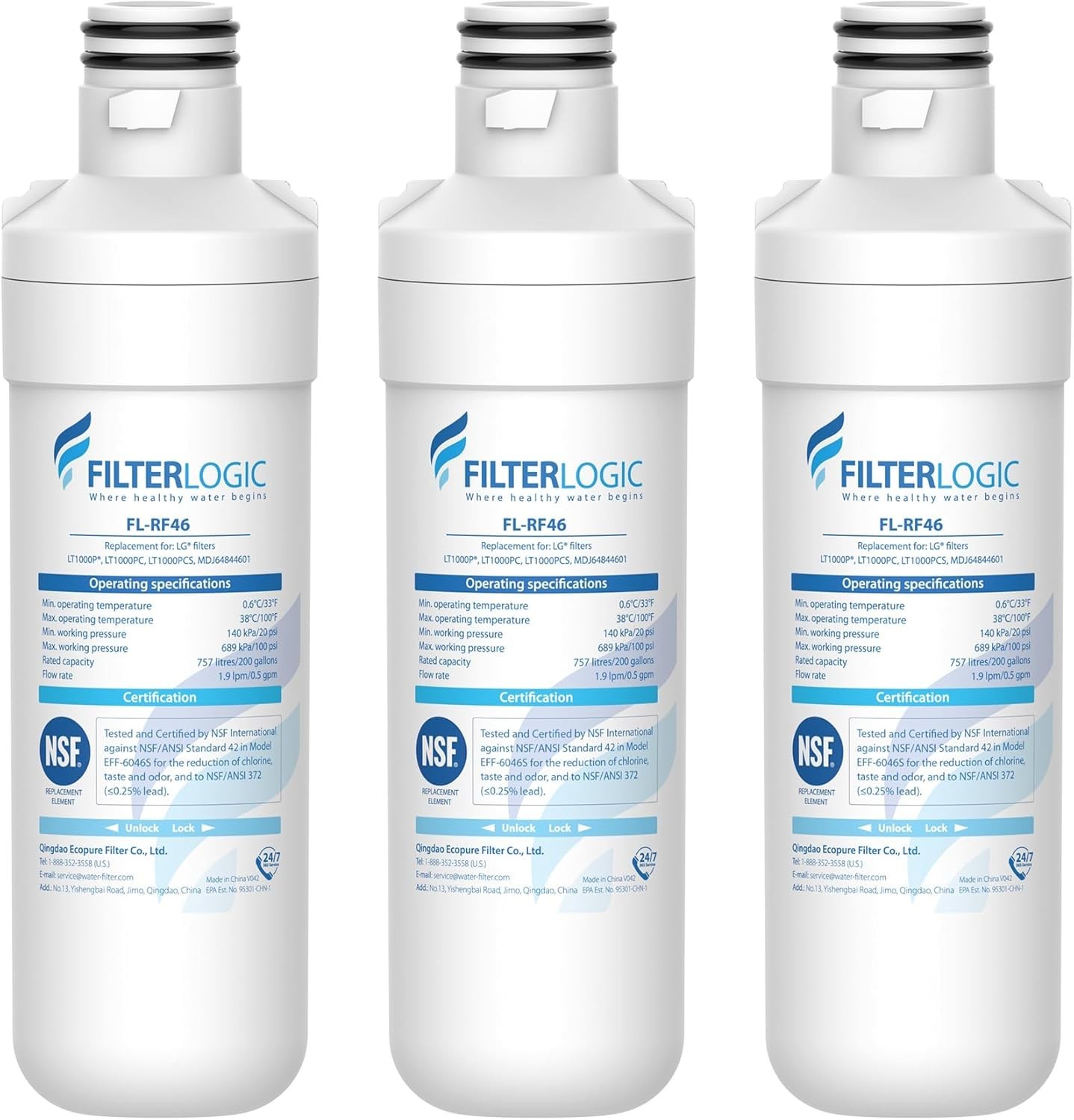 Filterlogic LT1000PC Refrigerator Water Filter, Replacement for LG, 3 Filters