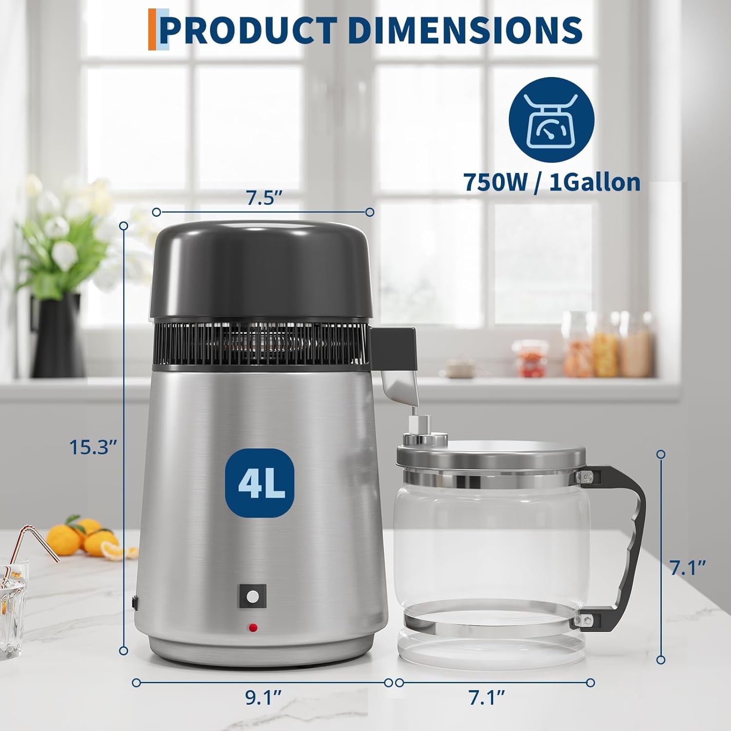 4L Stainless Steel Water Distiller 750W with Glass Jug, Gold/Red/Silver