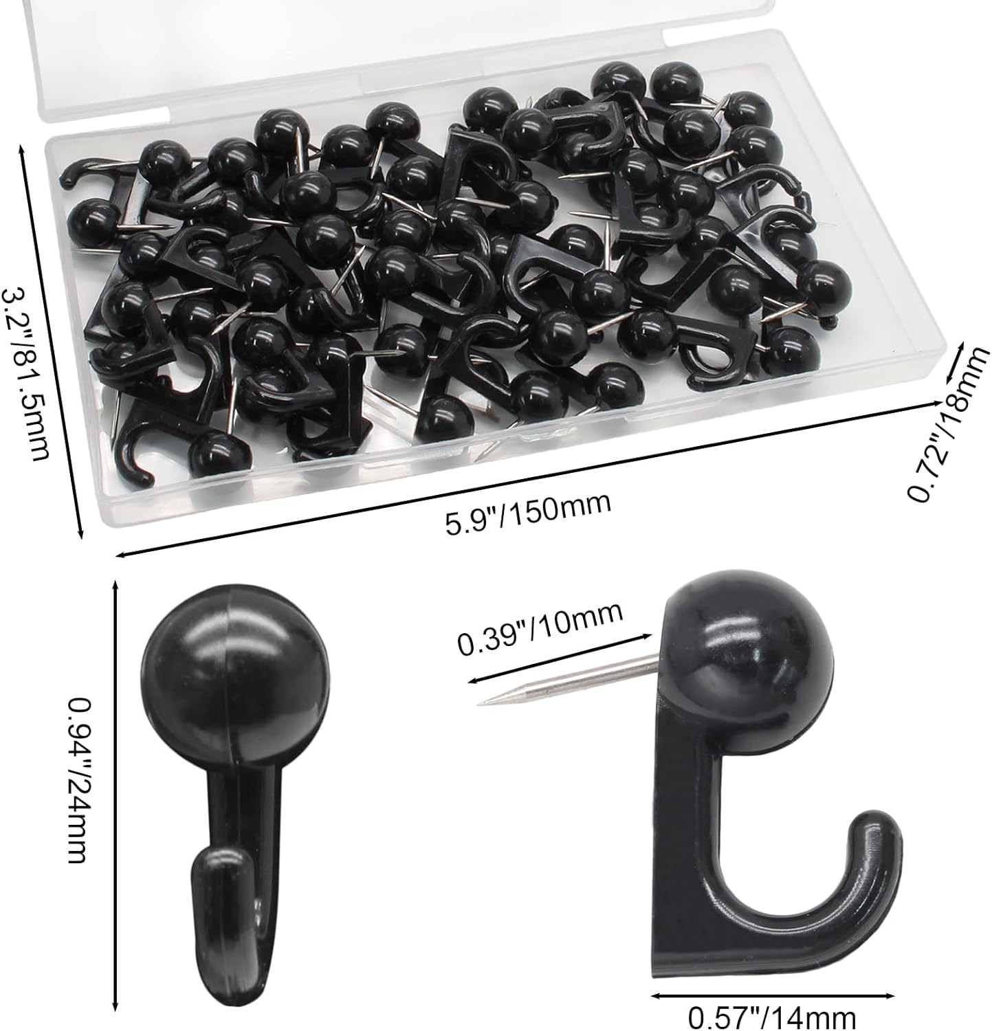 50 PCS Push Pin Hooks, Plastic Head Thumb Tacks, Black Wall Push Pins for Hangin