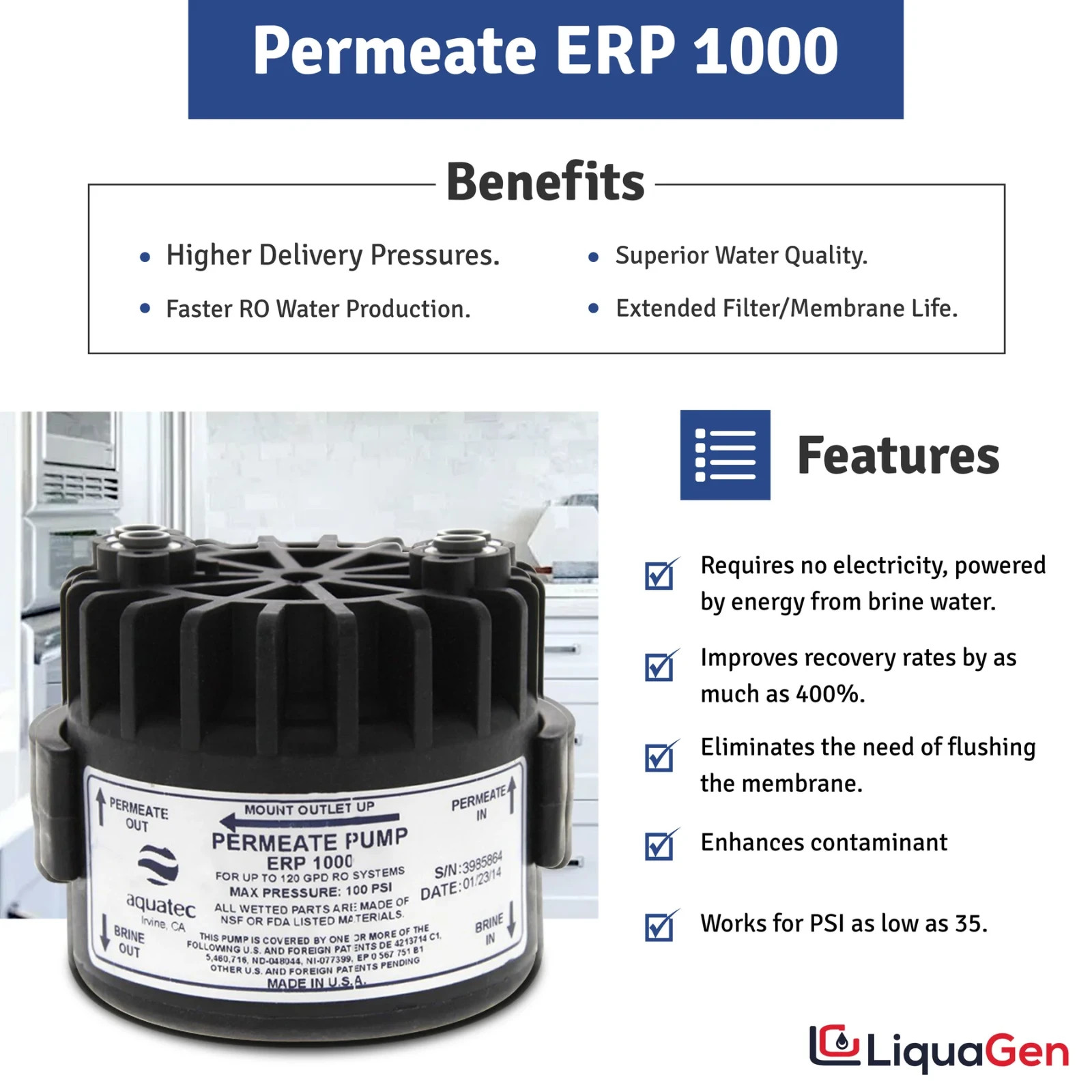 Aquatec ERP-1000 Permeate Pump for Reverse Osmosis w/ Mounting Clip