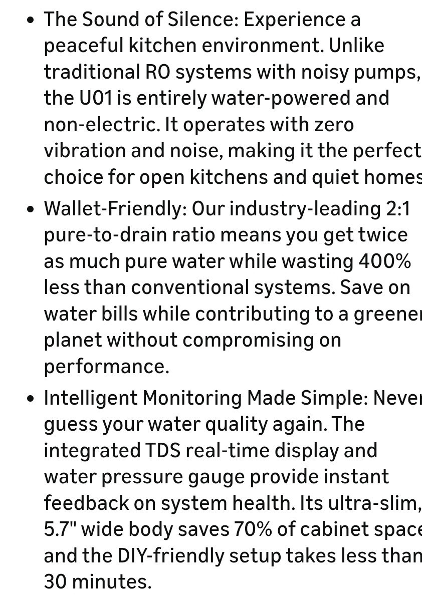 PUREWELL U01 Tankless Filtration RO Reverse Osmosis 800GPD Water Filter NO ELEC.