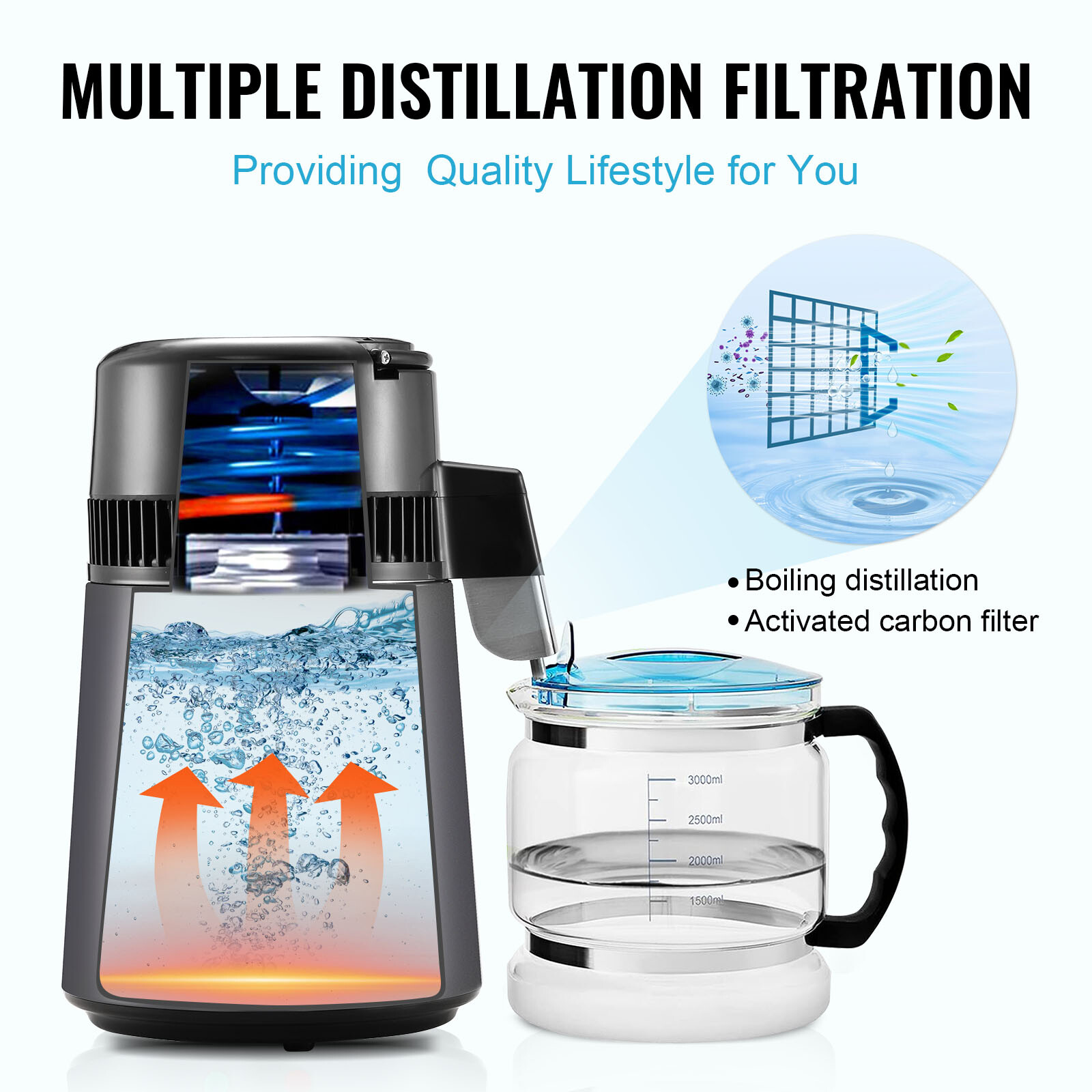 VEVOR Water Distiller 4L Water Purifier Countertop Stainless Steel Interior 750W