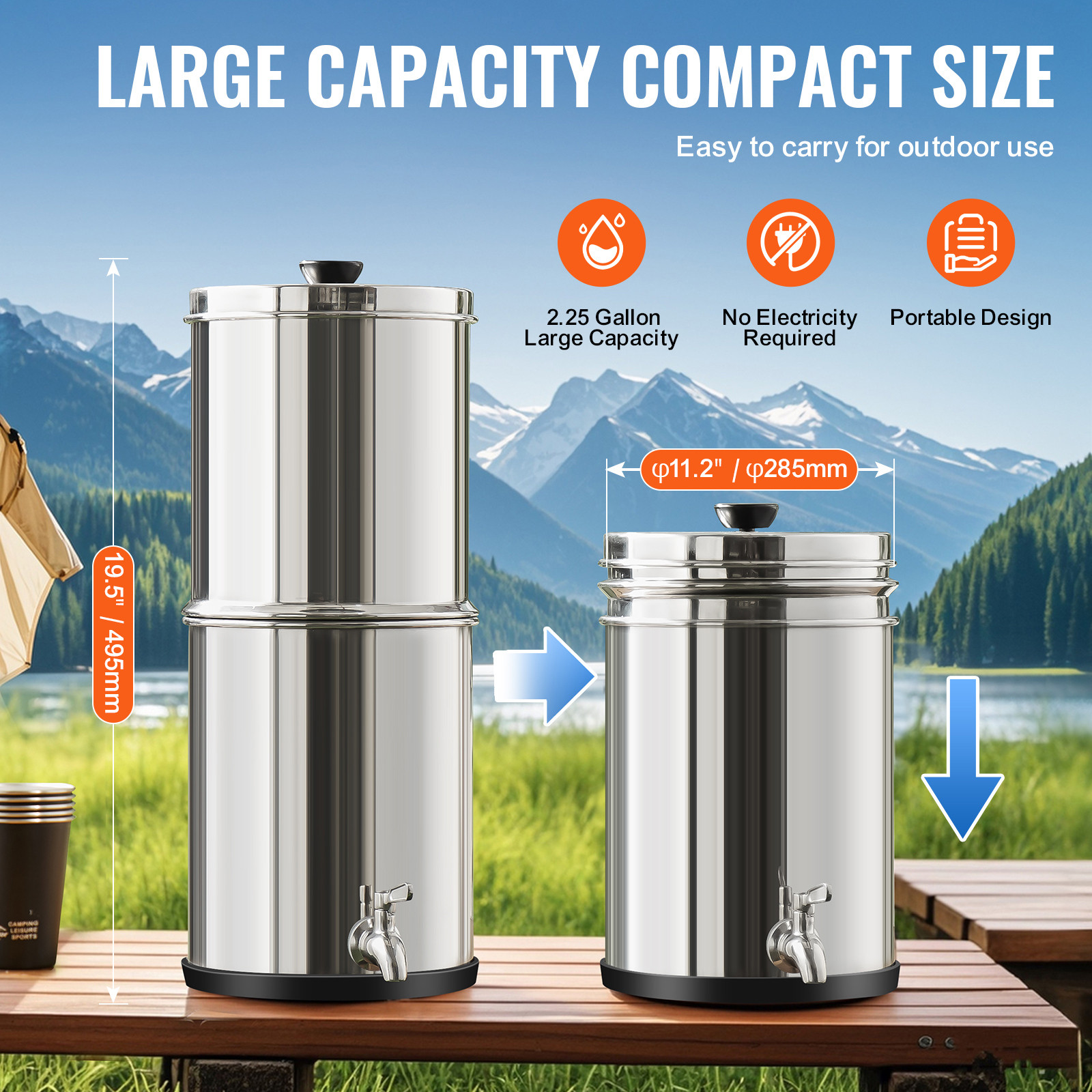 2.25G Gravity-fed Water Filter Countertop System Stainless Steel 2 Filters