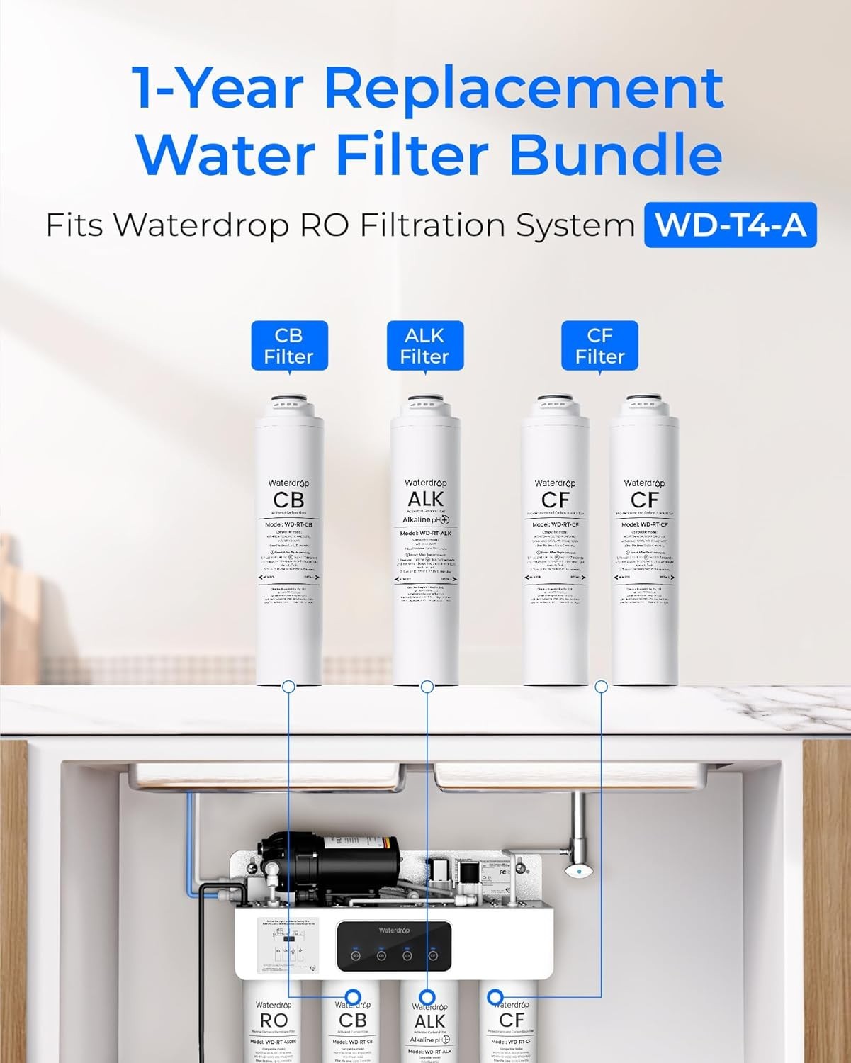 Waterdrop WD-T4-RCA Replacement Filter, Pack of 2 CF & 1 CB & 1 Alkaline Filter