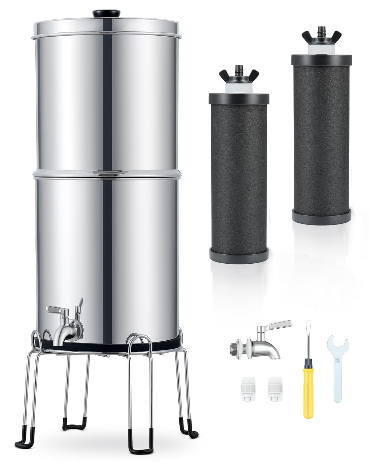 Stainless Steel Gravity Water Filter System with 2 Carbon Filters, 2.25 Gal