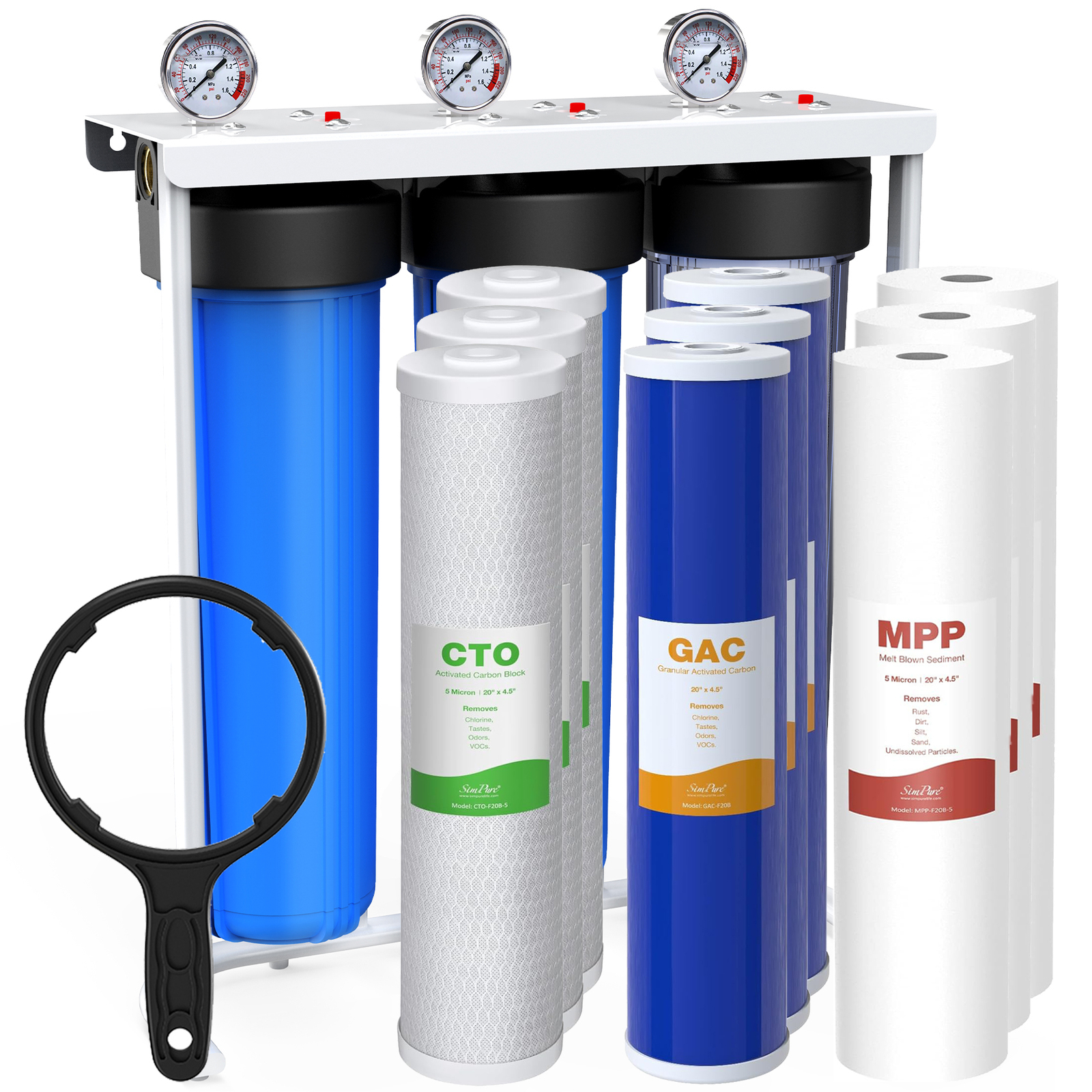 3-Stage 20×4.5″ Big Blue Whole House Water Filter System+Sediment Carbon Filters