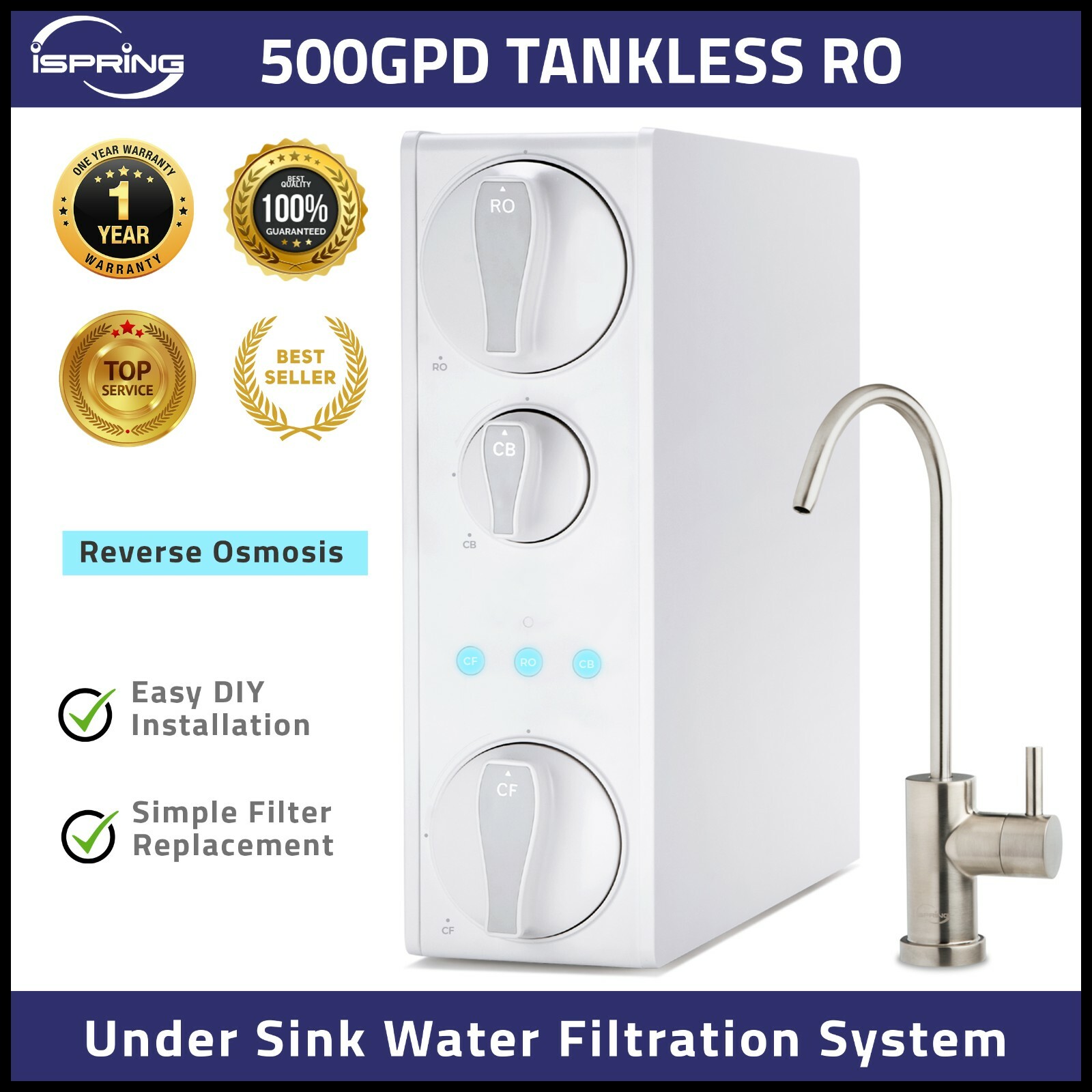 iSpring RO500 Tankless RO Reverse Osmosis Water Filtration System, TDS Reduction
