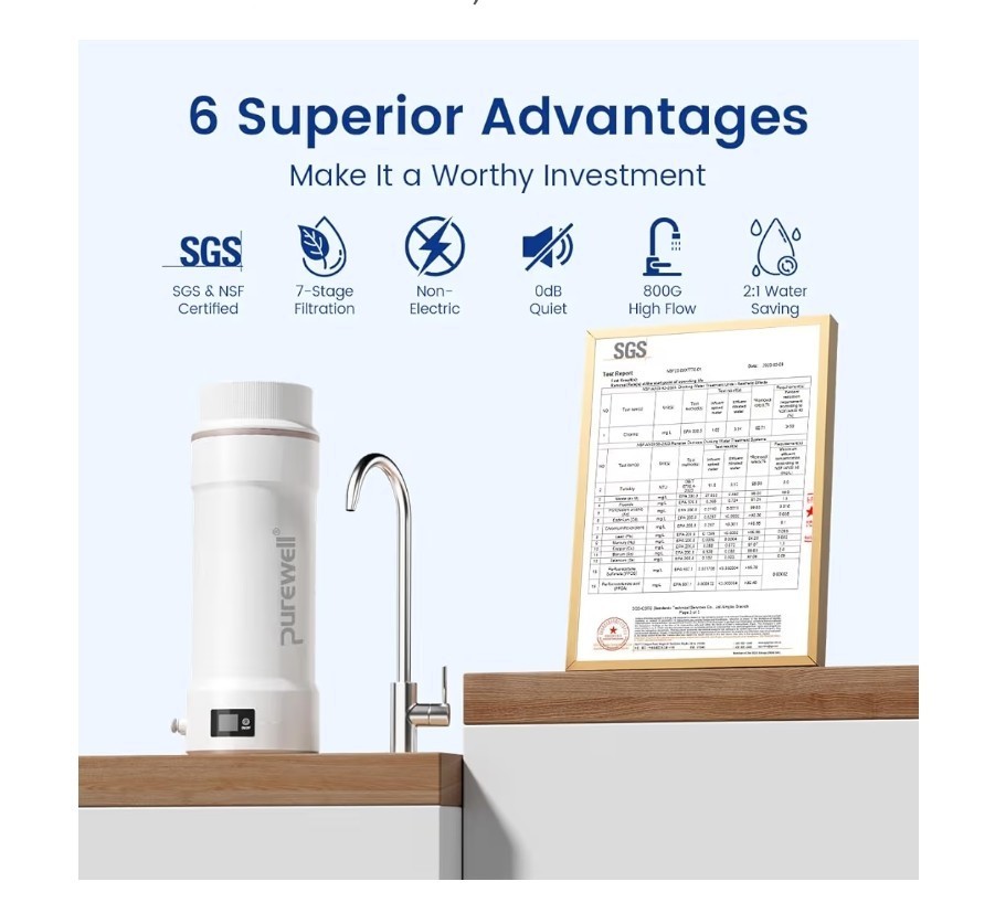 PUREWELL U01 Tankless Filtration RO Reverse Osmosis 800GPD Water Filter NO ELEC.