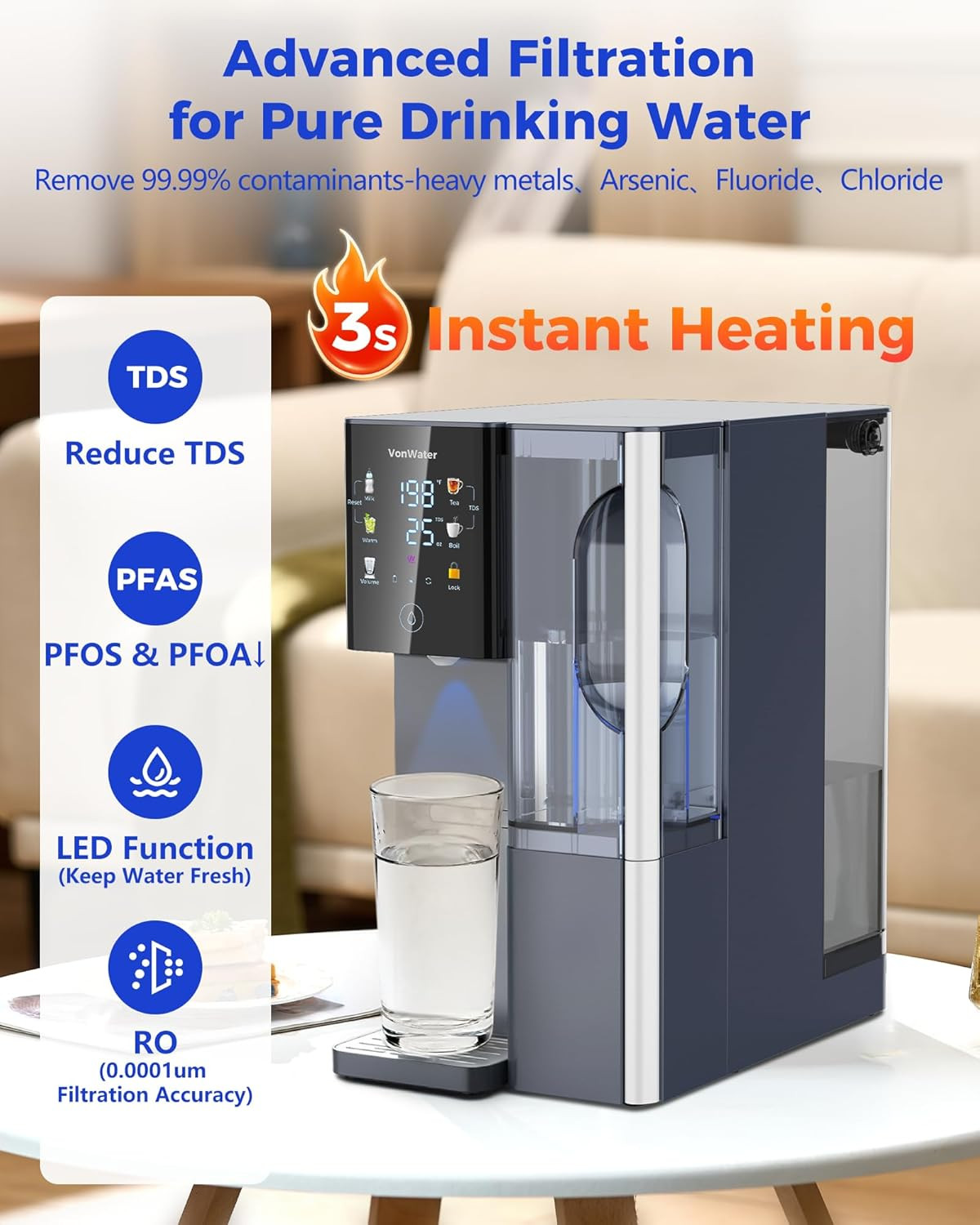 CT910H Reverse Osmosis Water Filter Countertop, 3S Instant Hot RO Water Filtrati
