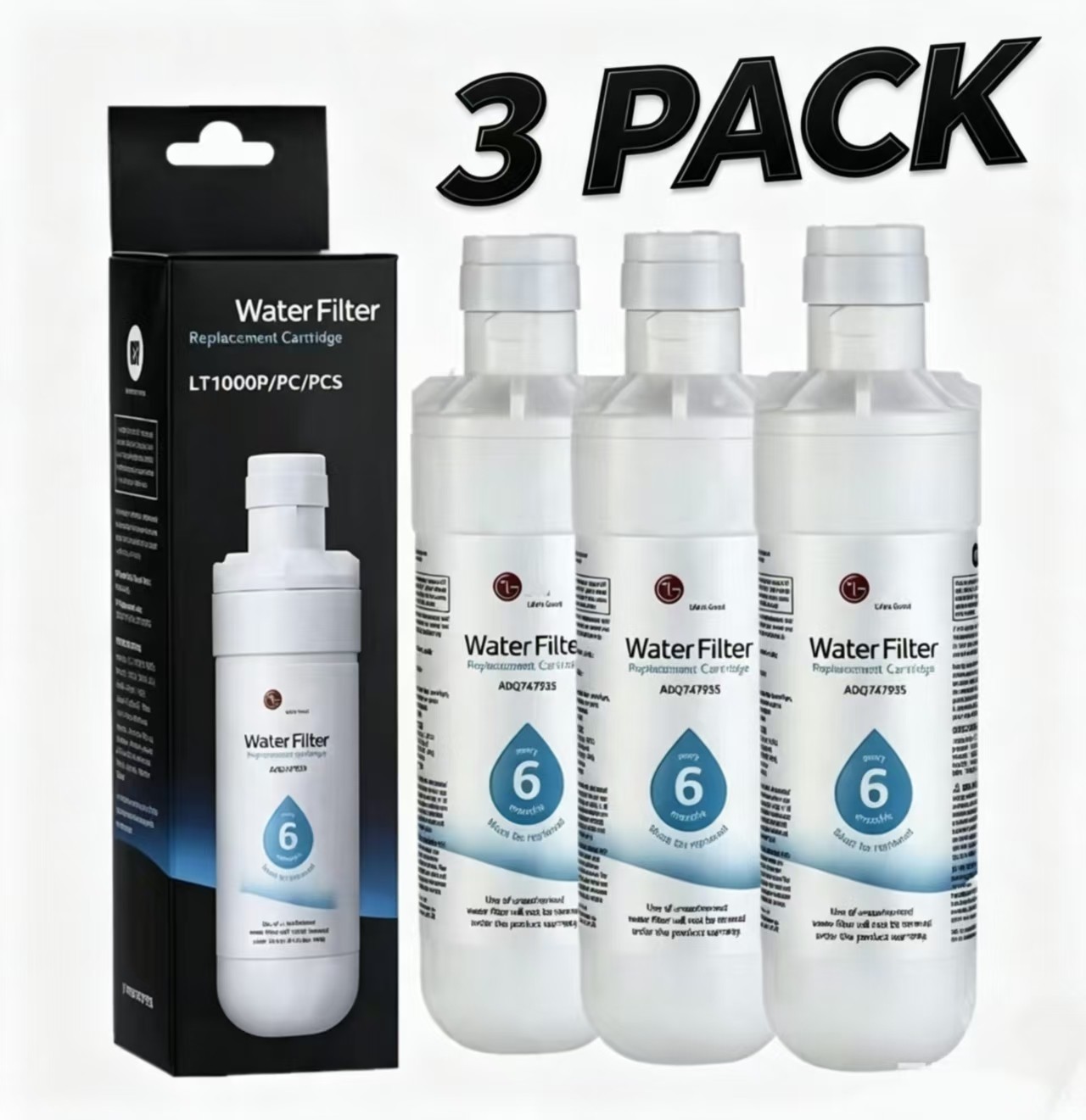 3 Pack LG LT1000P Refresh Refrigerator Ice Water Filter ADQ747935 GF-D706BSL US