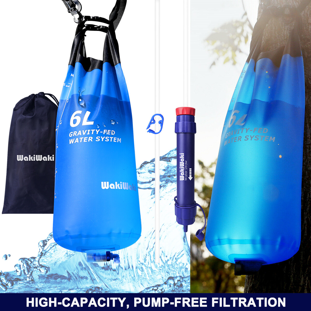 6L Gravity Water Filter Straw Bag Drinking Purifier Outdoor Camping Emergency