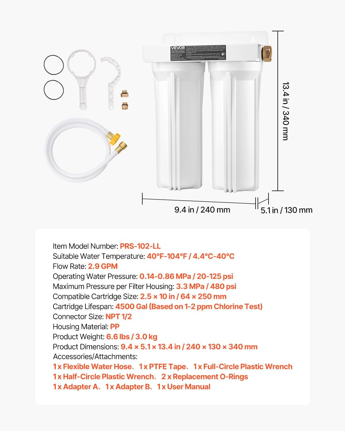 RV Water Filter, 2-Cartridge 2.5 X 10 in Water Filter System for RV, Remove Sedi