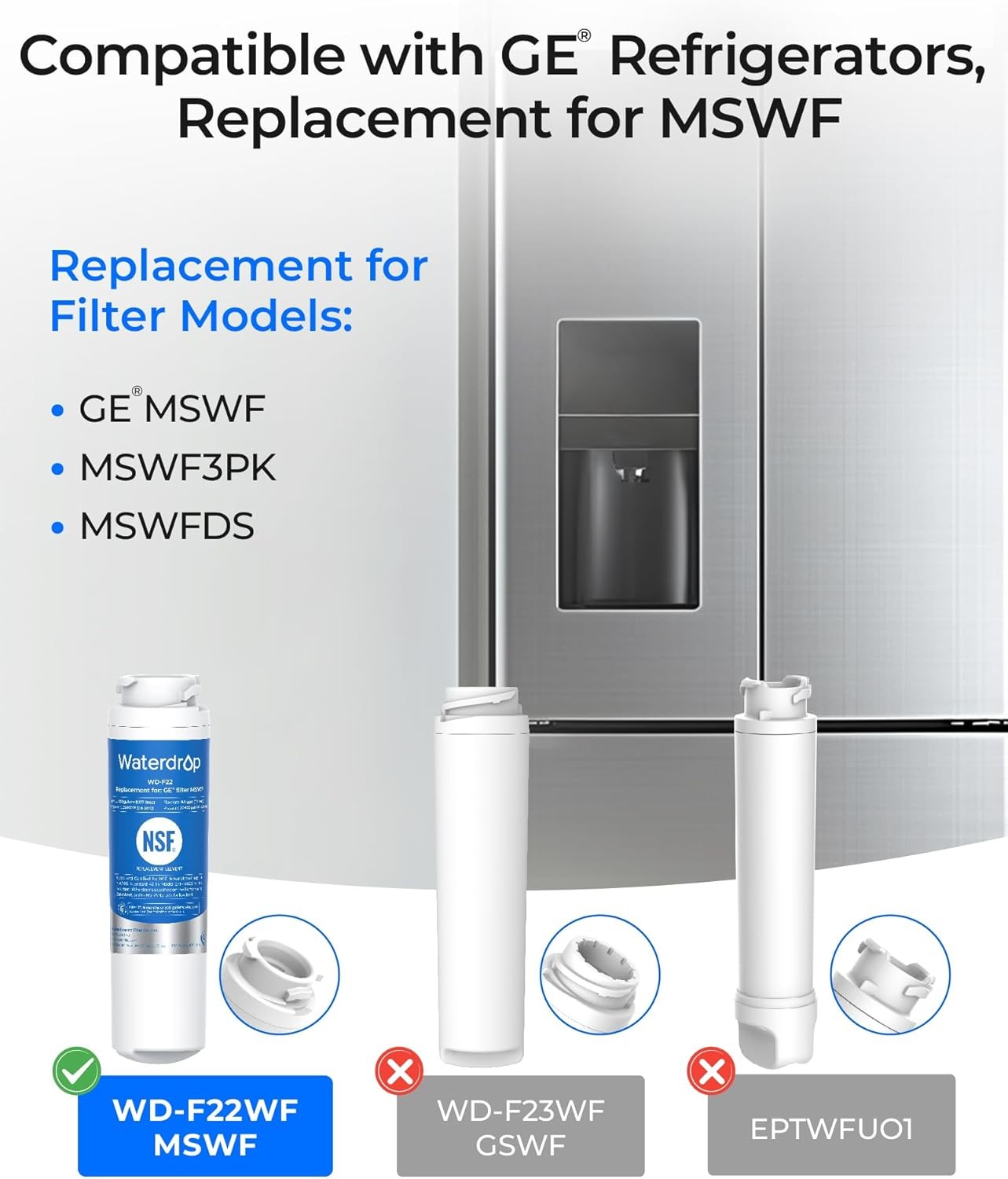 Waterdrop MSWF Refrigerator Water Filter, Replacement for GE® MSWF, Pack of 3