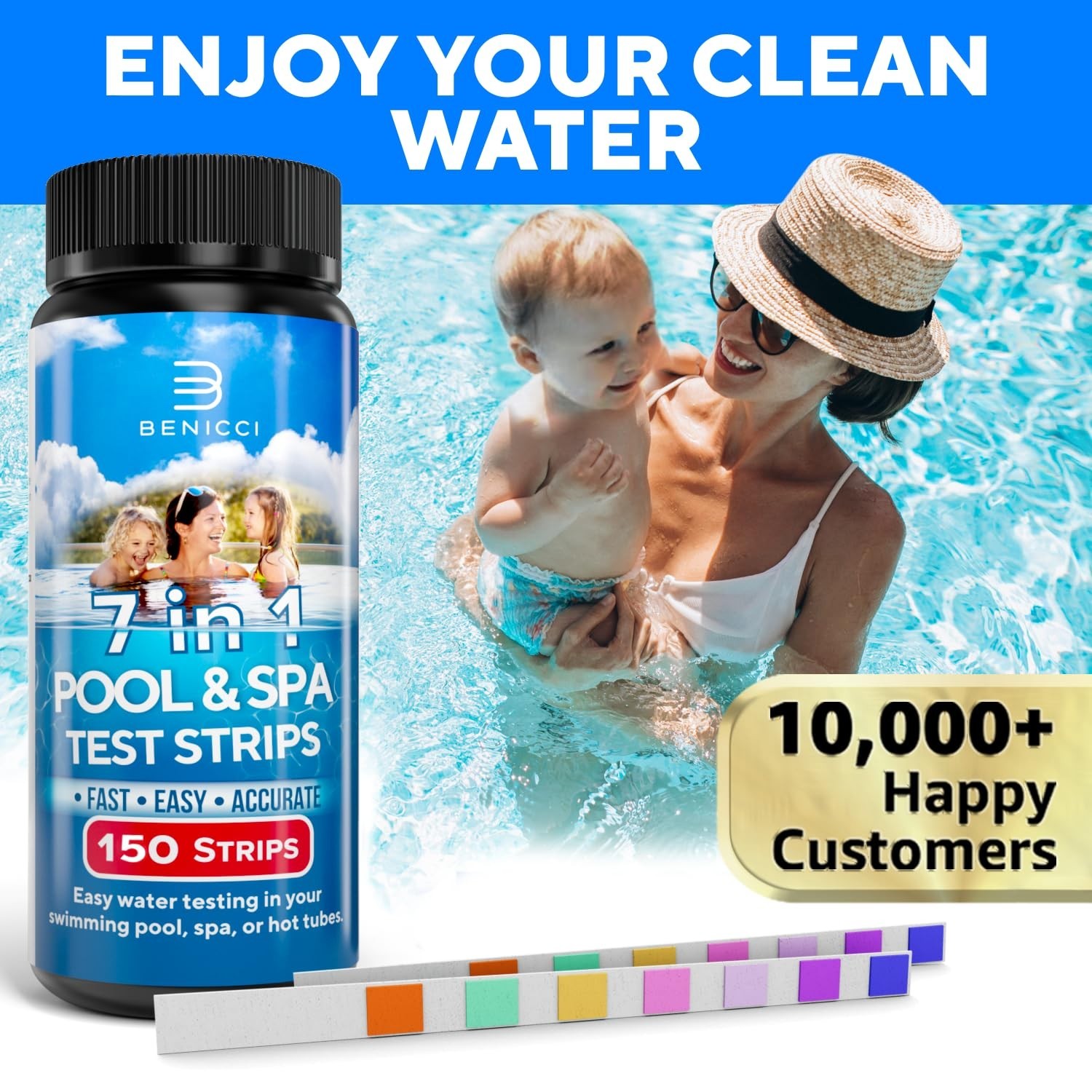 7-in-1 Accurate Pool Test Strips – 150 Hot Tub Spa Test Strips – Quick Pool Wate