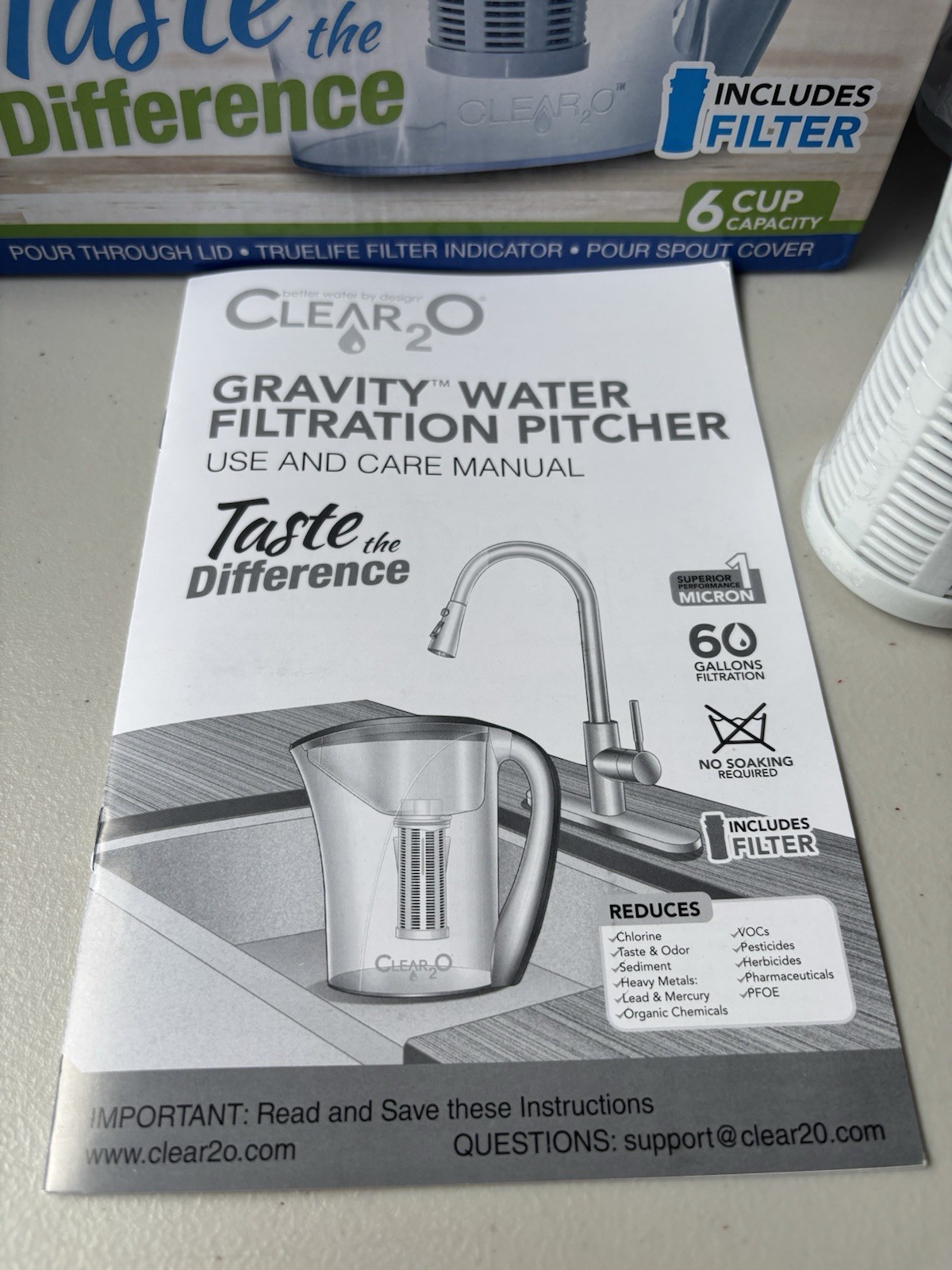 NEW CLEAR2O Gravity Water Filtration Pitcher W/ Sealed Filter In Box