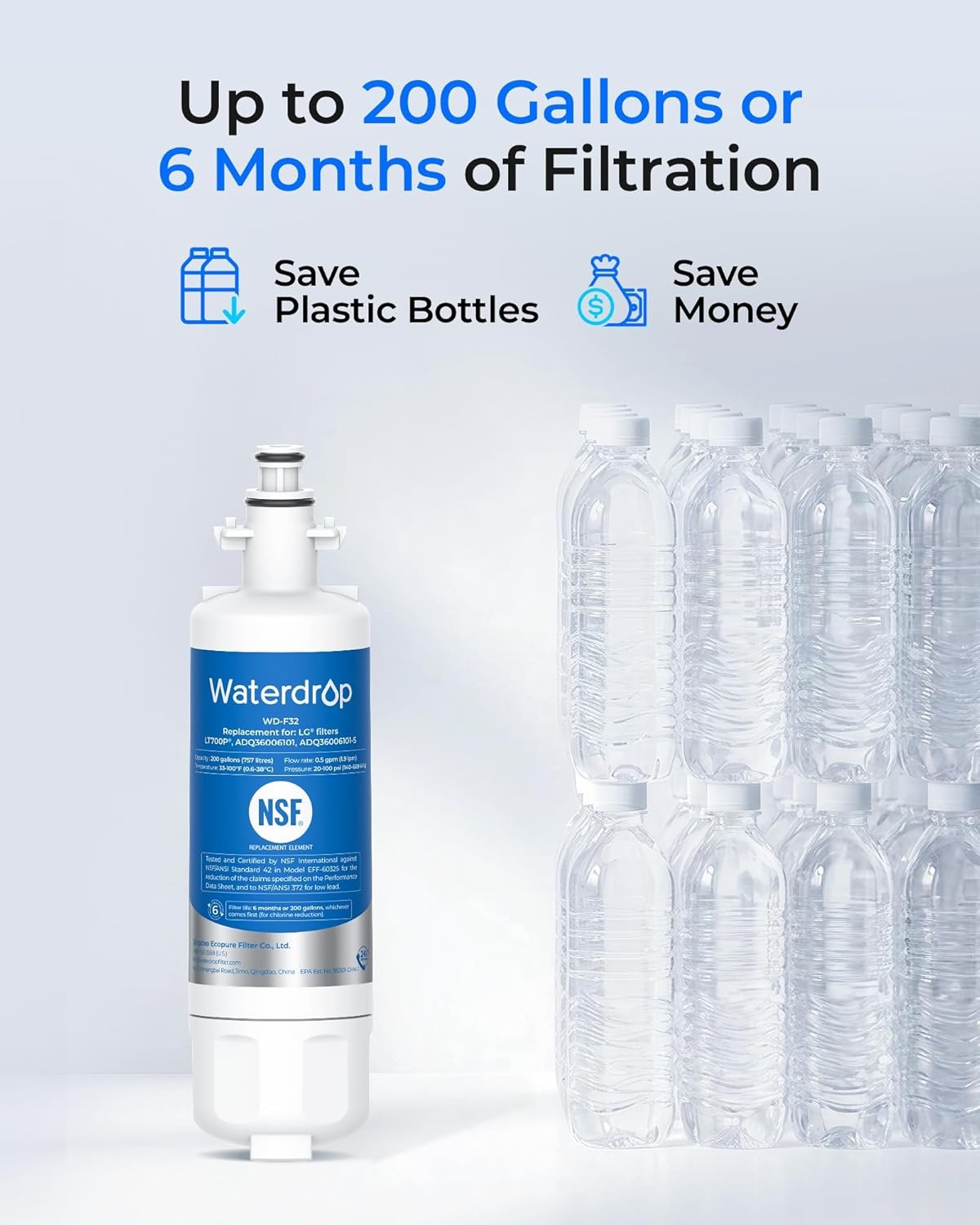 Waterdrop Refrigerator Water Filter, Replacement for LG® LT700P®, Pack of 3