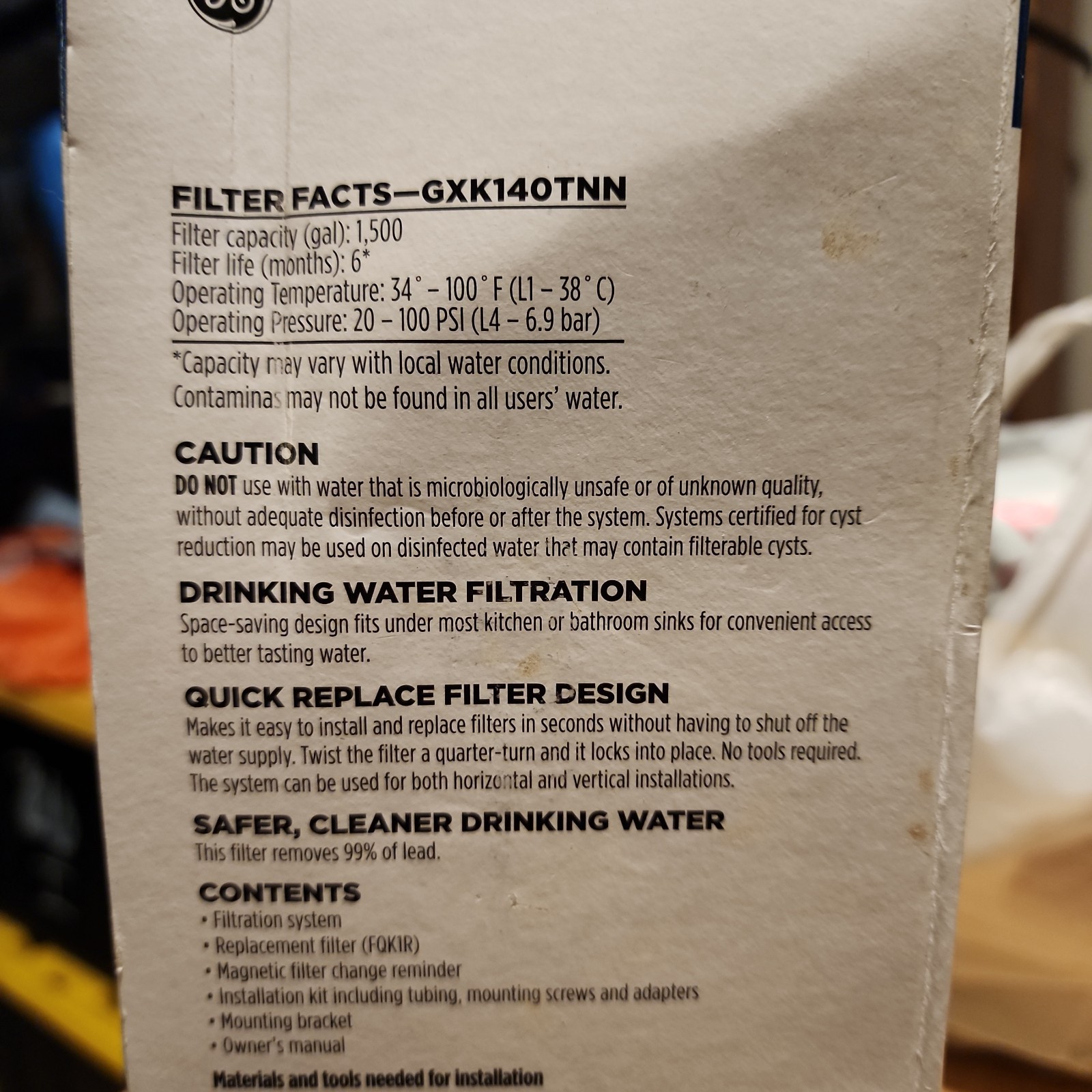 GE Under Sink Single Stage High Flow Water Filtration System GXK140TNN