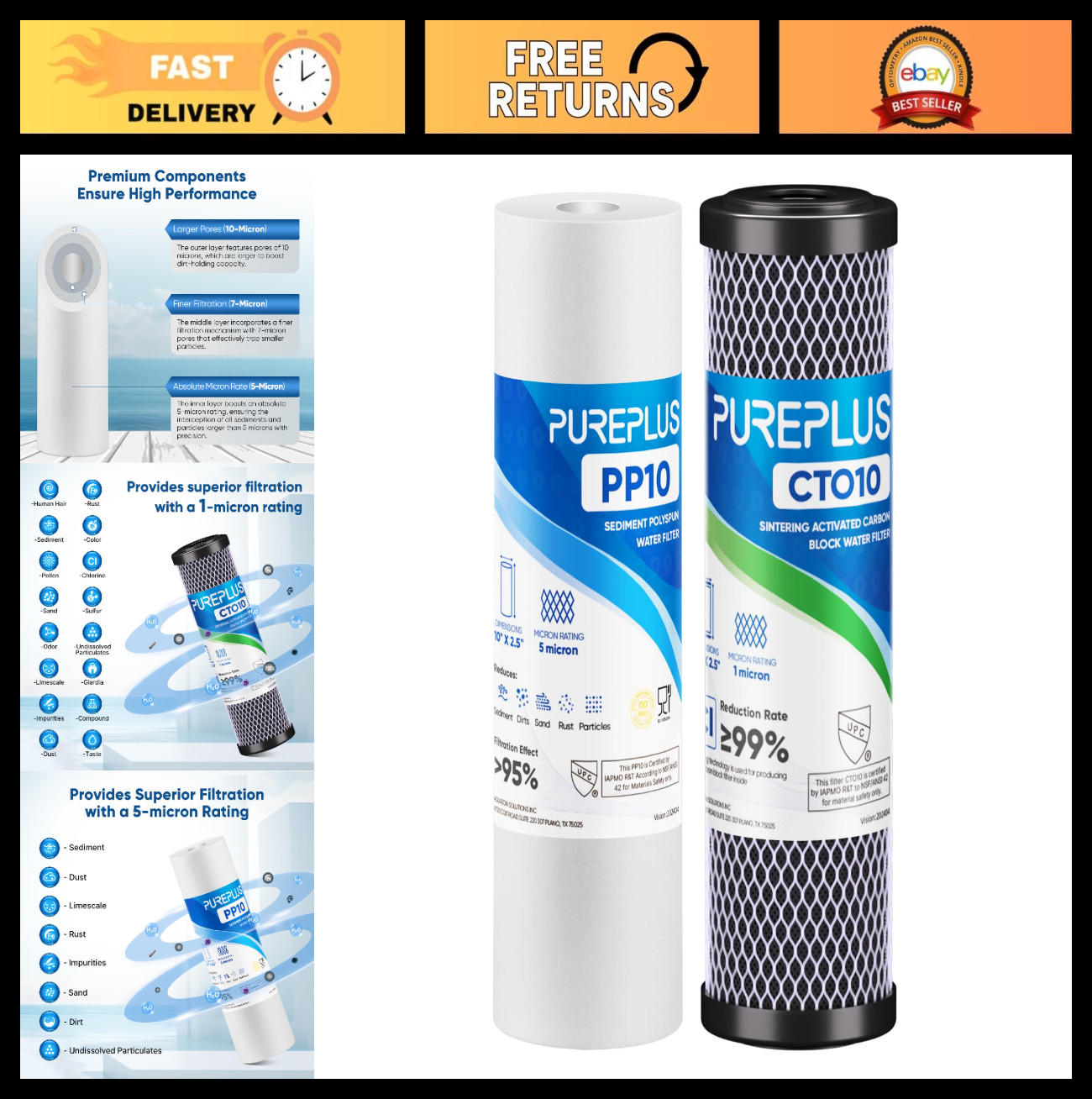 10″ x 2.5″ RV Water Filter Replacement Combo Pack – 1 Micron Carbon & 5 Micron S