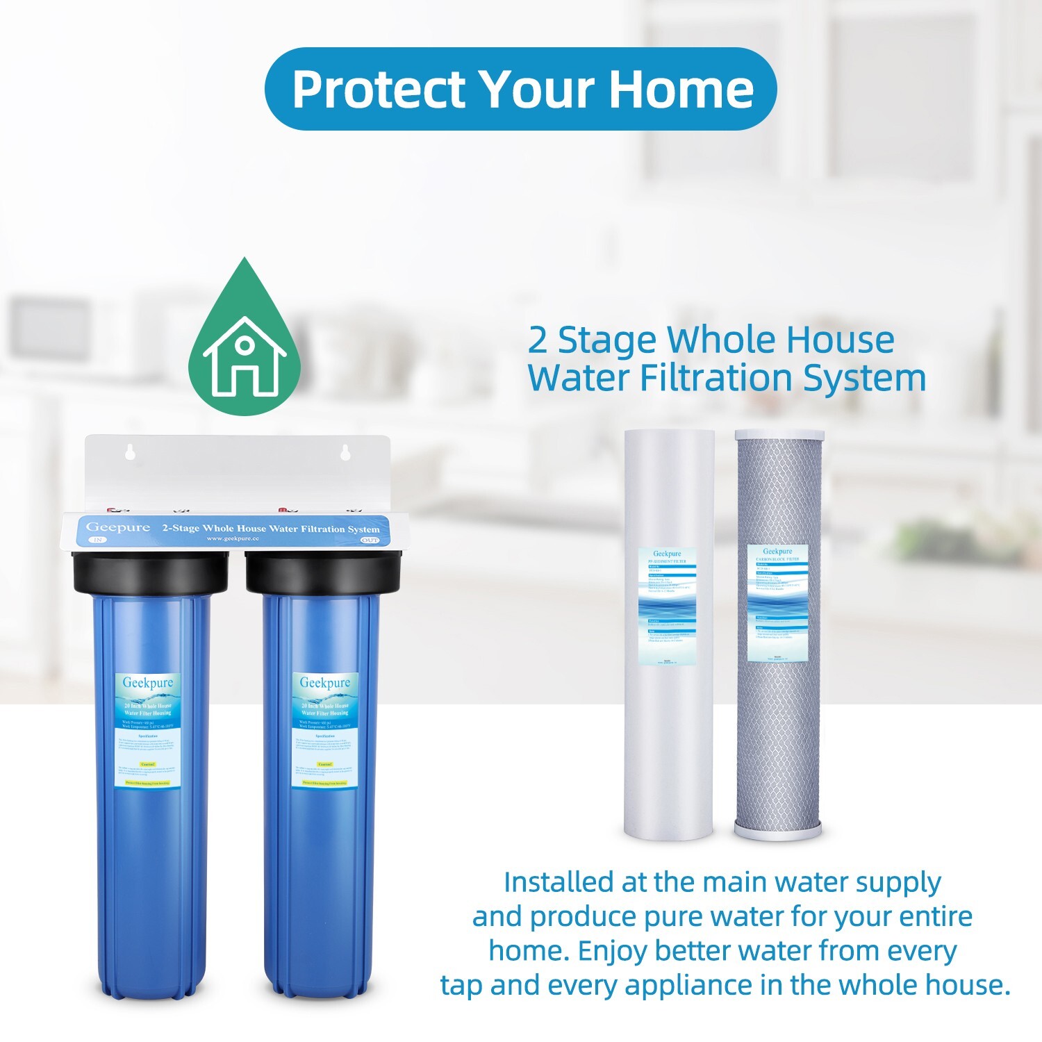 Geekpure 2 Stage Whole House Water Filter System 1″ Port 4.5″ x 20″ w/ PP Carbon