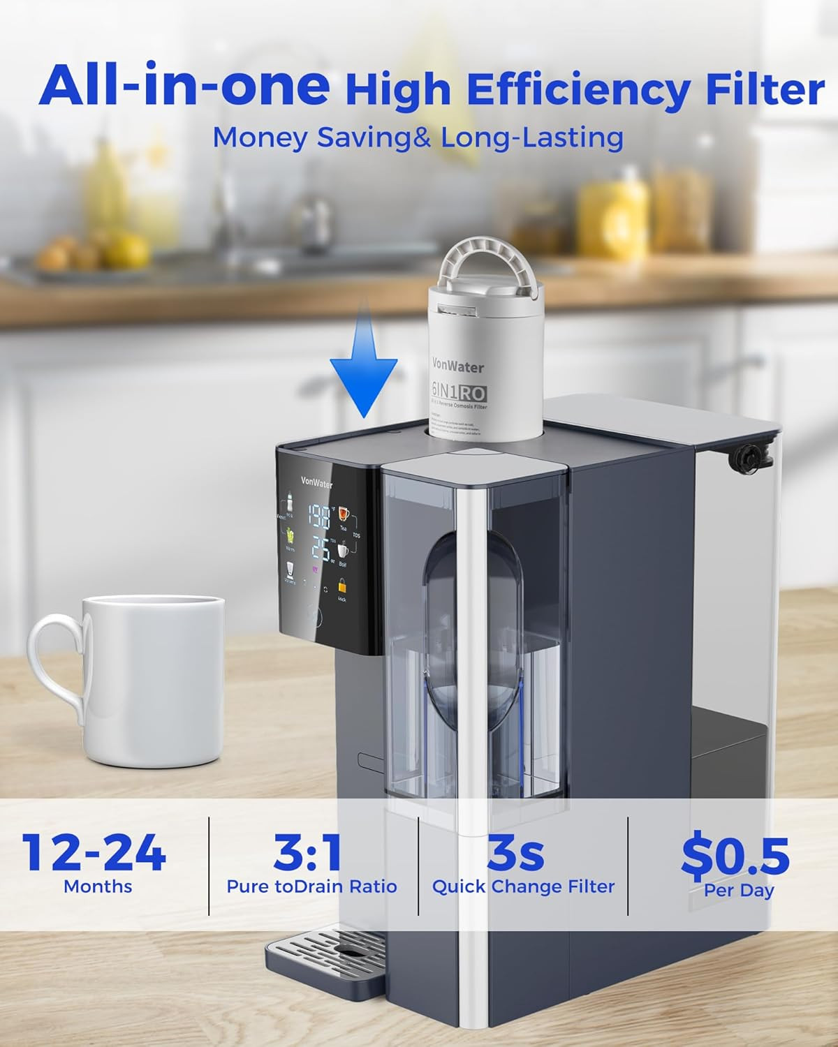 CT910H Reverse Osmosis Water Filter Countertop, 3S Instant Hot RO Water Filtrati