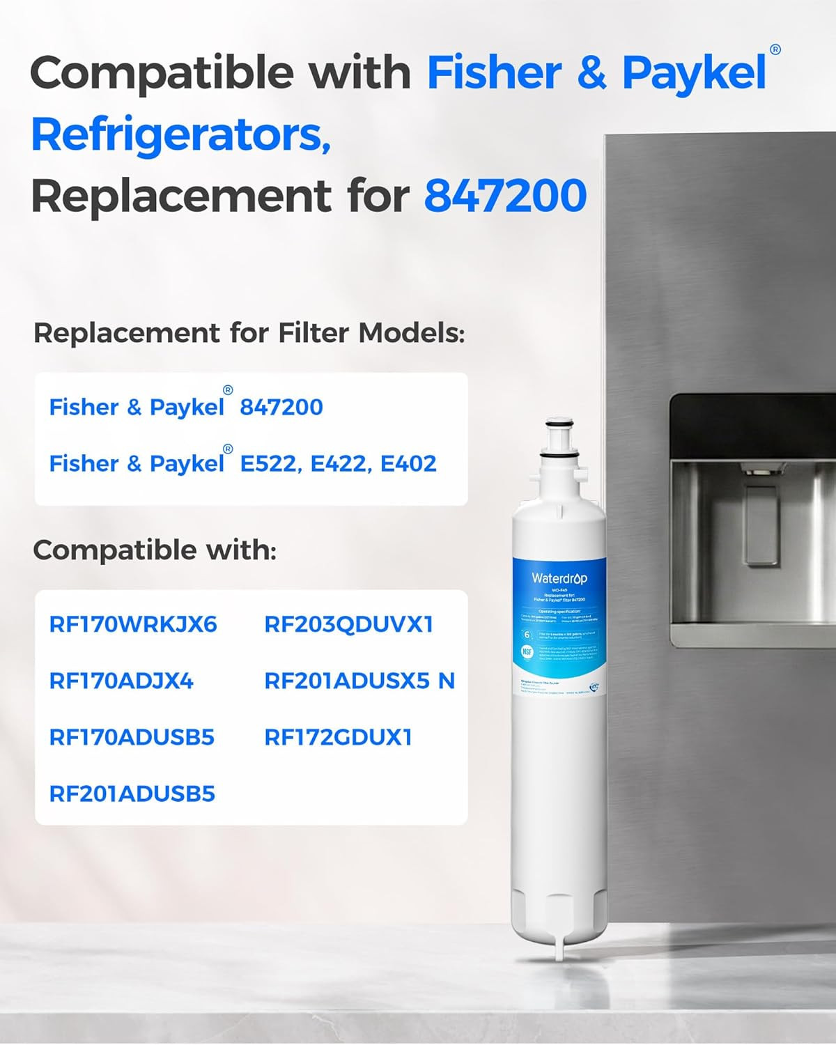 Fisher & Paykel 847200 Water Filter Replacement, 3 Pack, 6 Months, 300 Gallons