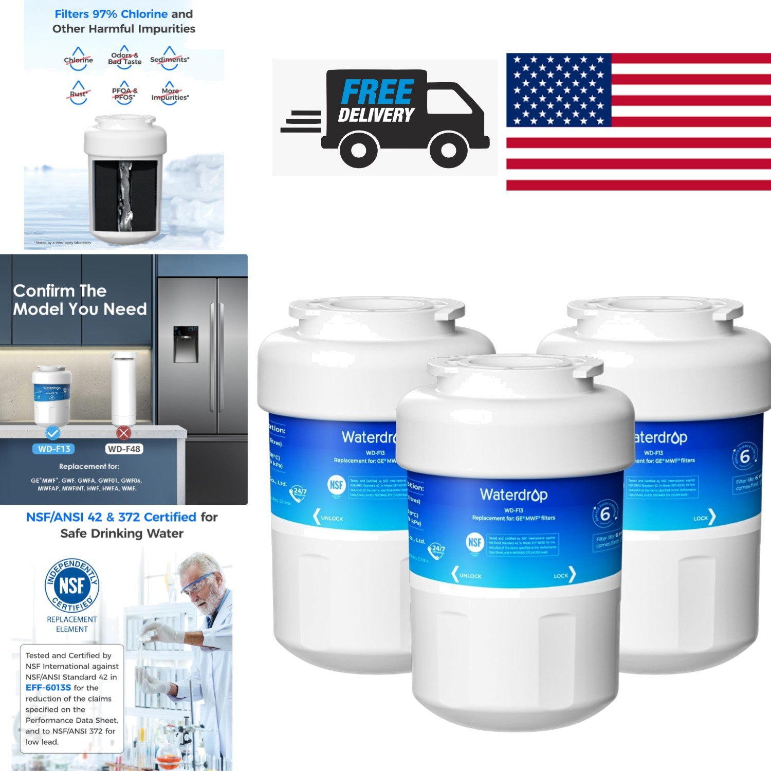 3 Pack Water Filter Compatible with GE MWF NSF Certified Lead Free Material