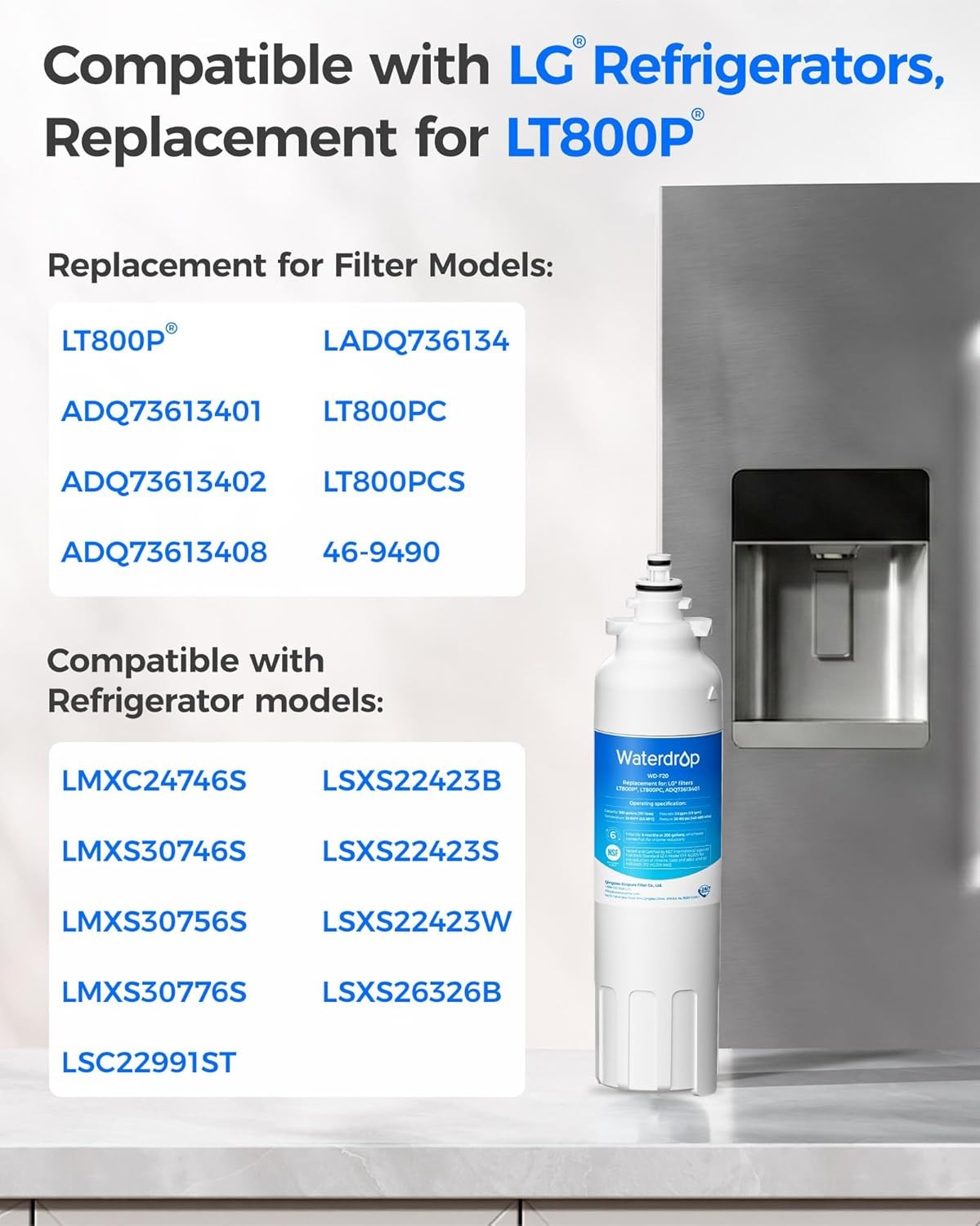 Waterdrop Refrigerator Water Filter, Replacement for LG® LT800P®, Pack of 6
