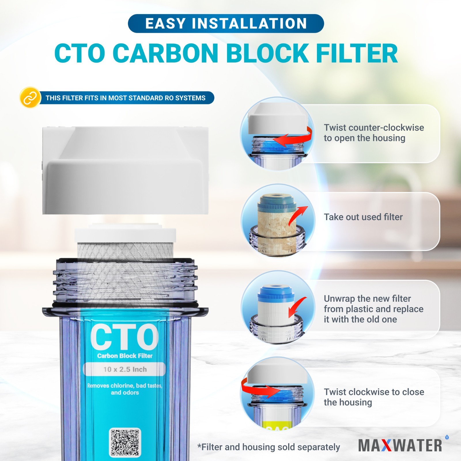 25 Pack 10″ x 2.5″ Coconut Shell CTO Carbon Block Water Filter, RO & Whole house
