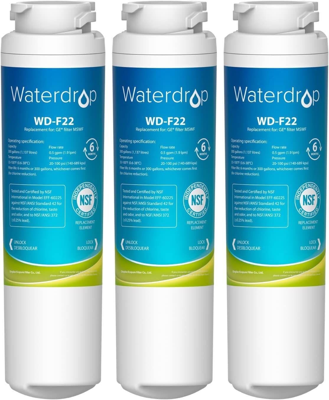Waterdrop MSWF Refrigerator Water Filter,Replacement for GE® MSWF,3 Packs