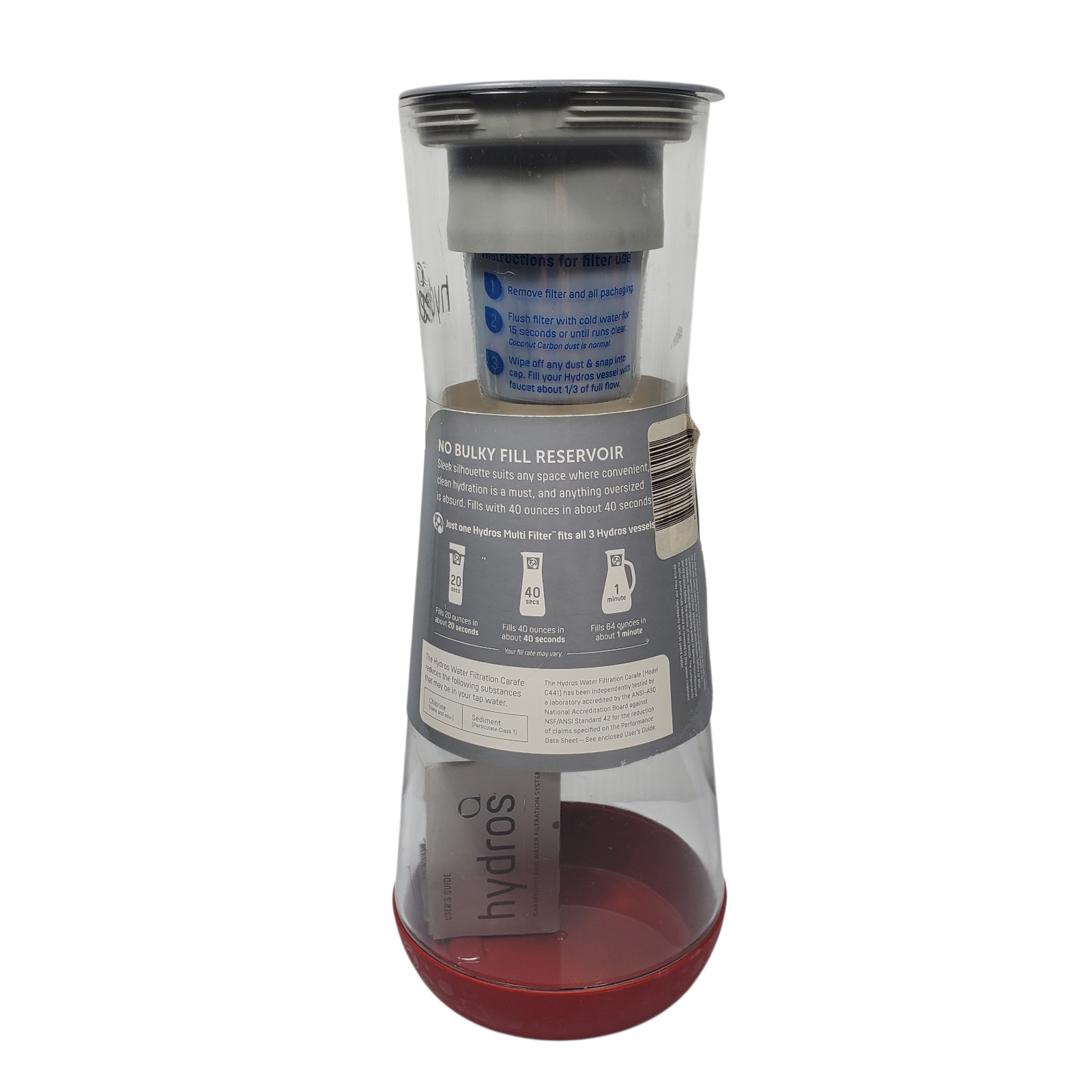 NEW Hydros Filtration Carafe 40oz C441 Clear Red Gray