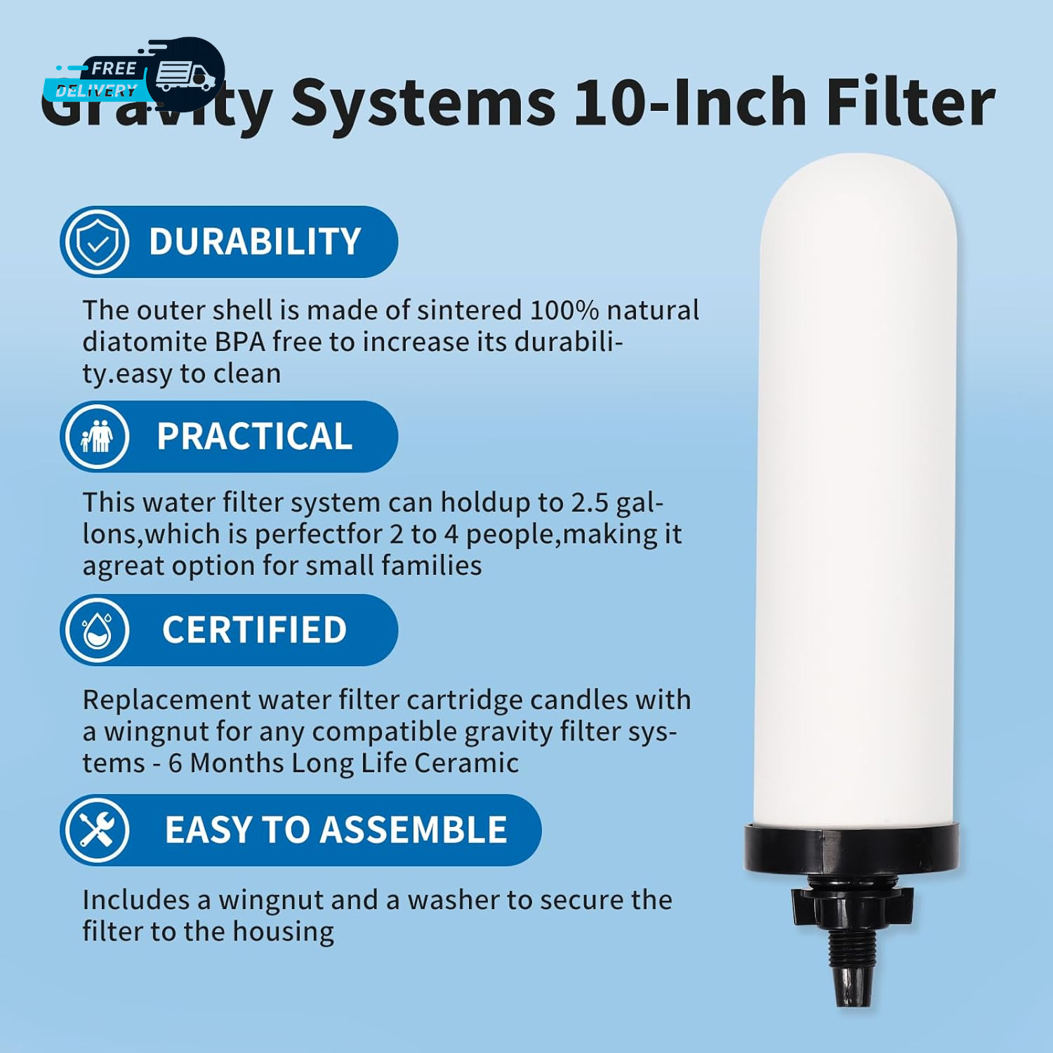 2 Pack 7» Ceramic Water Filter Candle,7 Inch Water Filter Replacement Filters