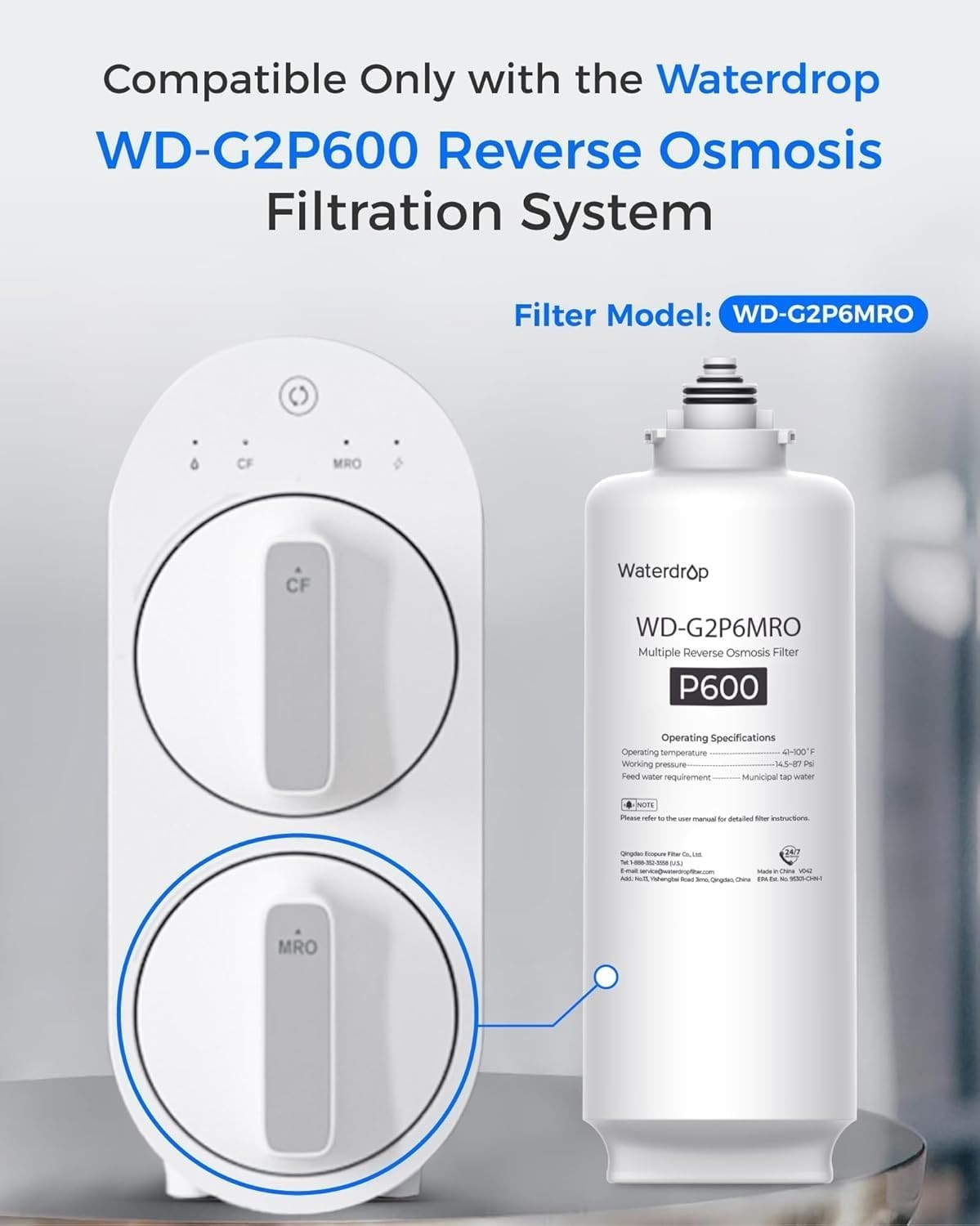 Waterdrop WD-G2P6MRO Filter, Replacement for WD-G2P600-W Reverse Osmosis System