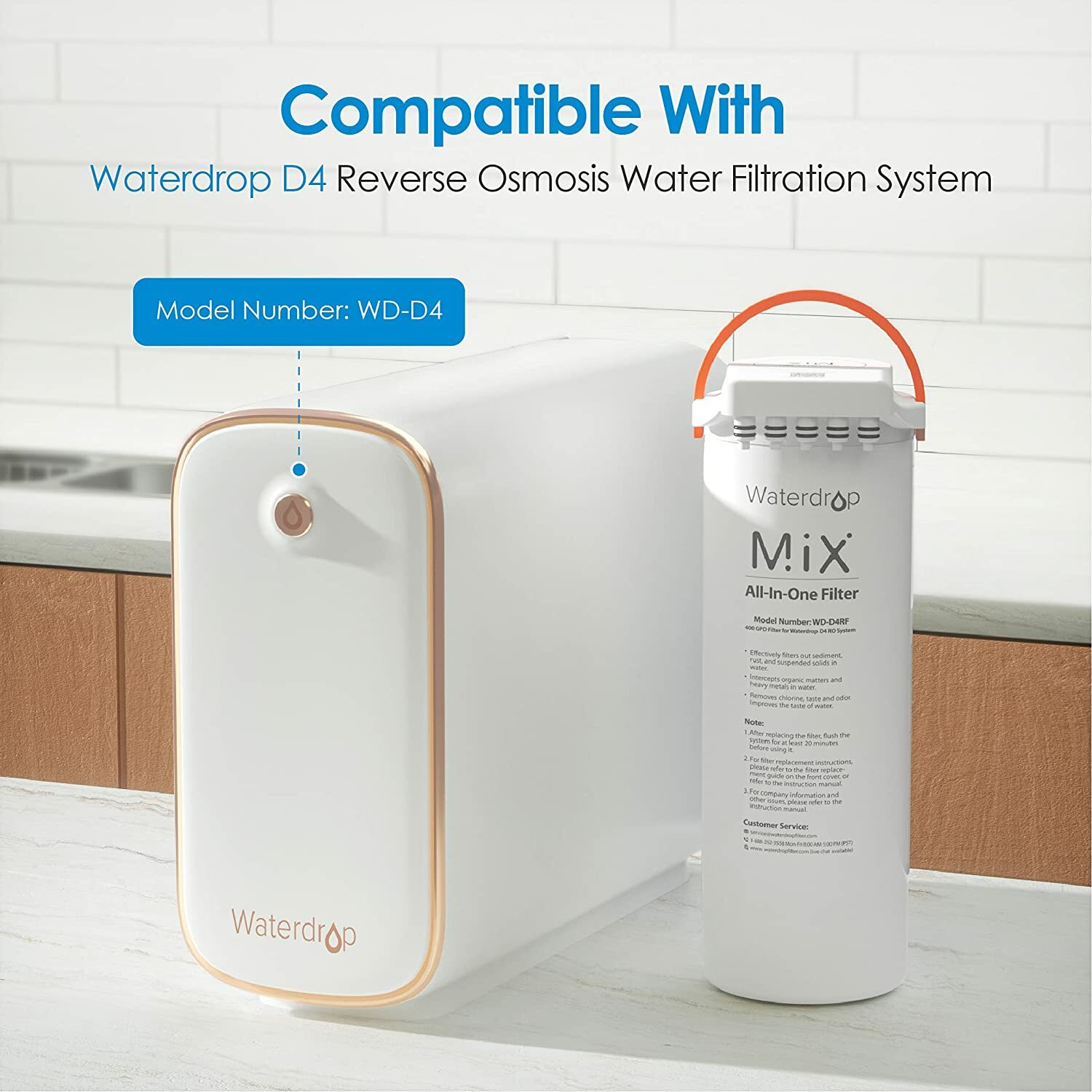 Waterdrop WD-D4RF Filter, Replacement for WD-D4-W Reverse Osmosis System, 1-year