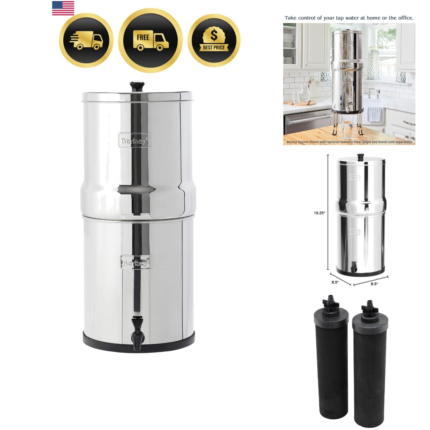 Big Gravity-Fed Stainless Steel Countertop Water Filter System 2.25 Gallon wi…