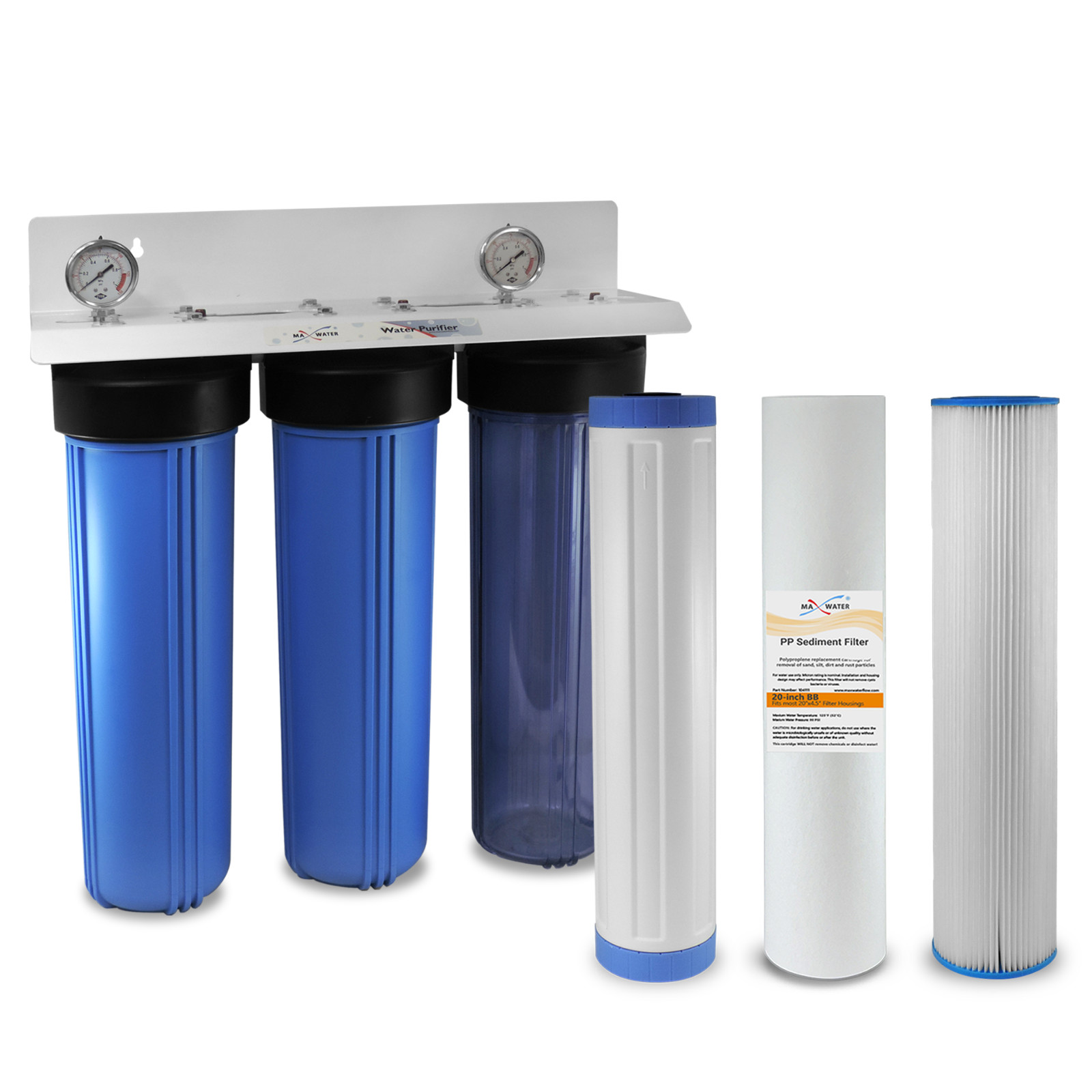 3 Stage 20″ x 4.5″ Big Blue Whole House Max Water Filter System 1″ 2 Gauges