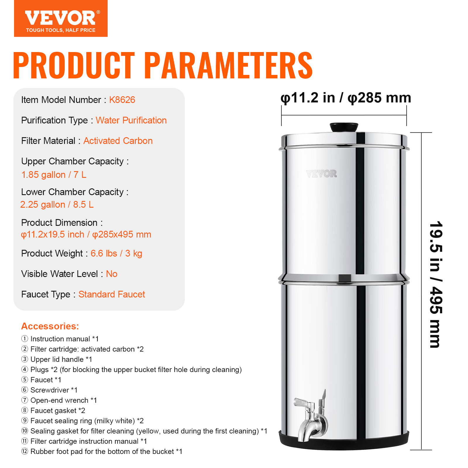 VEVOR 2.25G Gravity-fed Water Filter Countertop System Stainless Steel 2 Filters