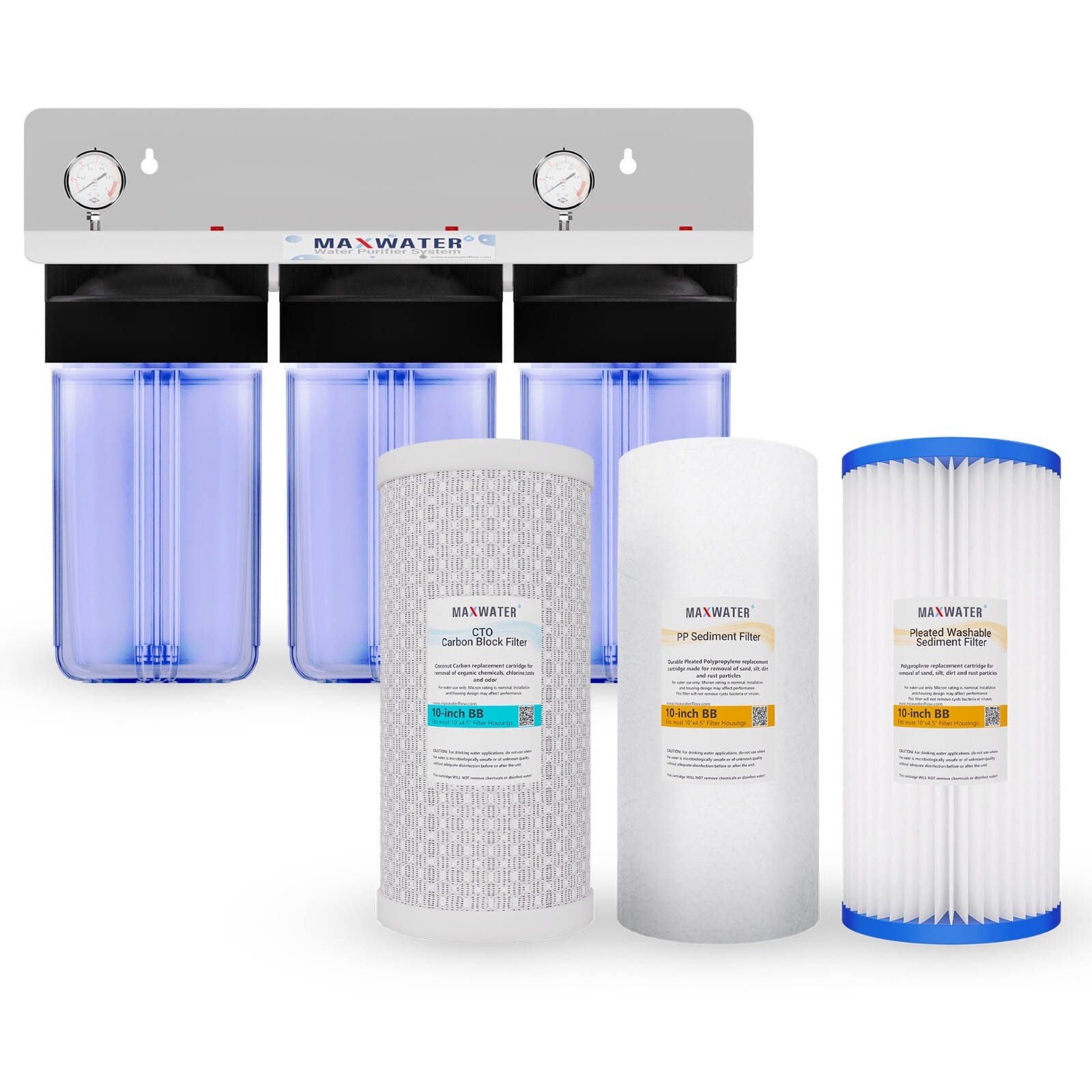 10″x4.5″ Clear 1″ Port whole house Water Filter 3 Stages System + Gauges