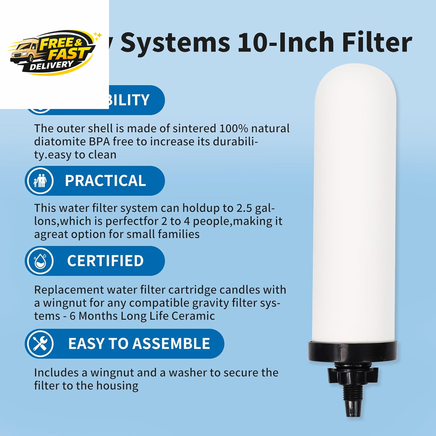 2 Pack 7» Ceramic Water Filter Candle,7 Inch Water Filter Replacement Filters w