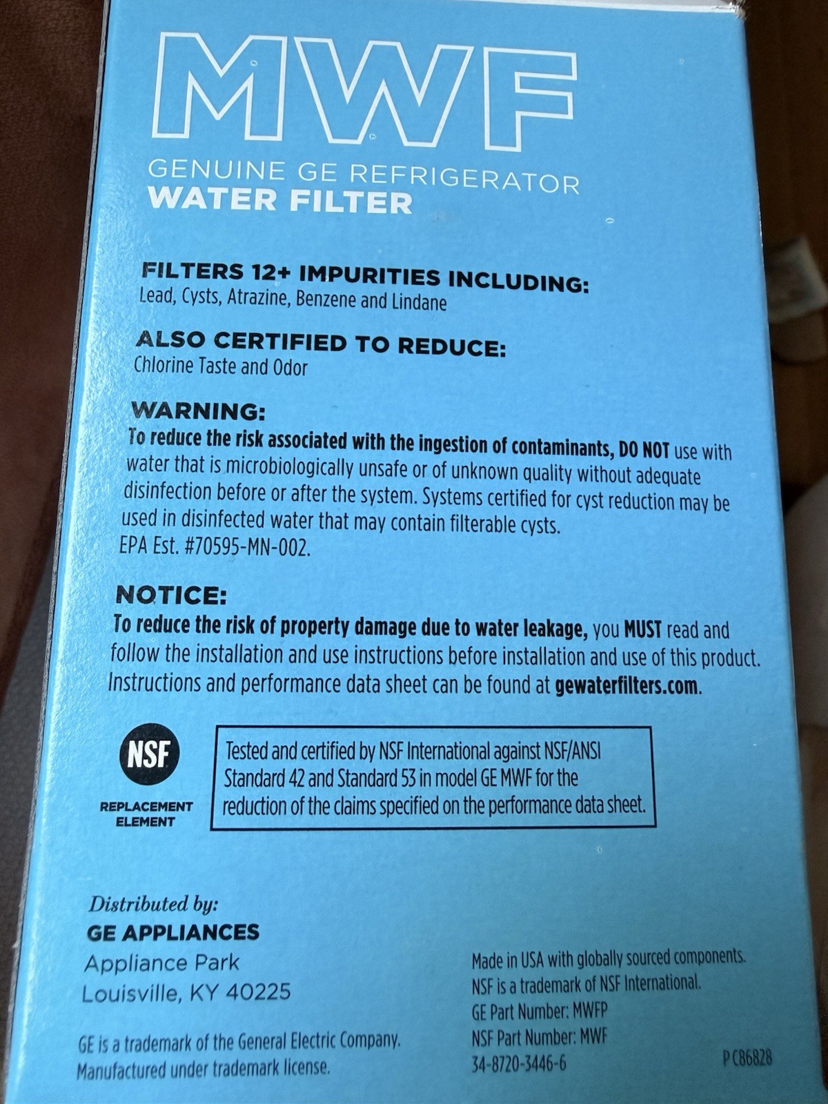 MWF WATER FILTER GE APPLIANCES REMOVES 99% LEAD NIB